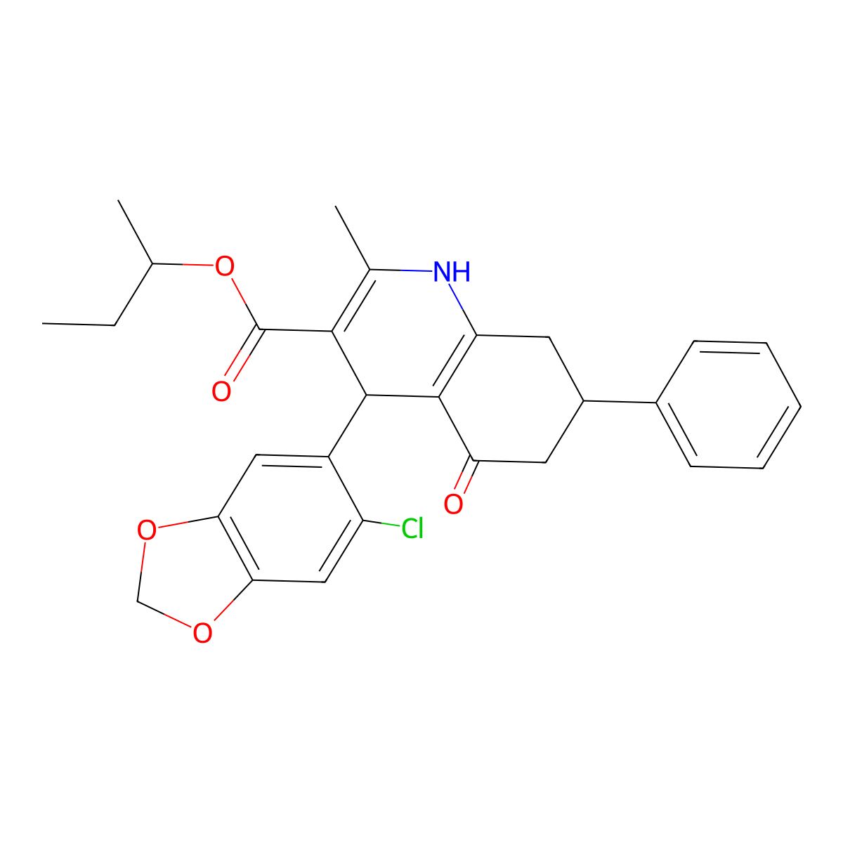 Butan-2-yl 4-(6-chloro-1,3-benzodioxol-5-yl)-2-methyl-5-oxo-7-phenyl-1,4,5,6,7,8-hexahydroquinoline-3-carboxylate molecular structure, CAS 434313-37-8