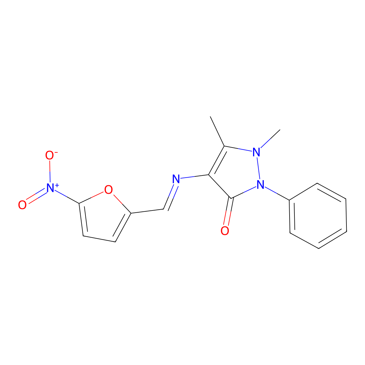 1,2-Dihydropyrazol-3-one, 1,5-dimethyl-4-[(5-nitrofuran-2-ylmethylene)amino]-2-phenyl- molecular structure, CAS 4346-22-9