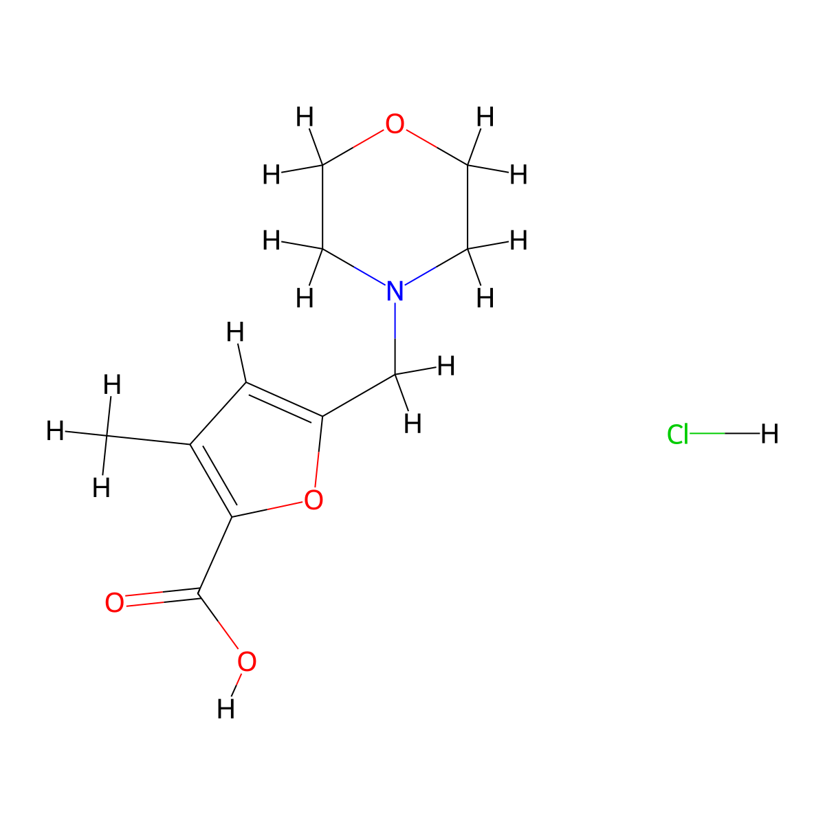 3-Methyl-5-morpholin-4-ylmethyl-furan-2-carboxylic acid hydrochloride molecular structure, CAS 435342-23-7