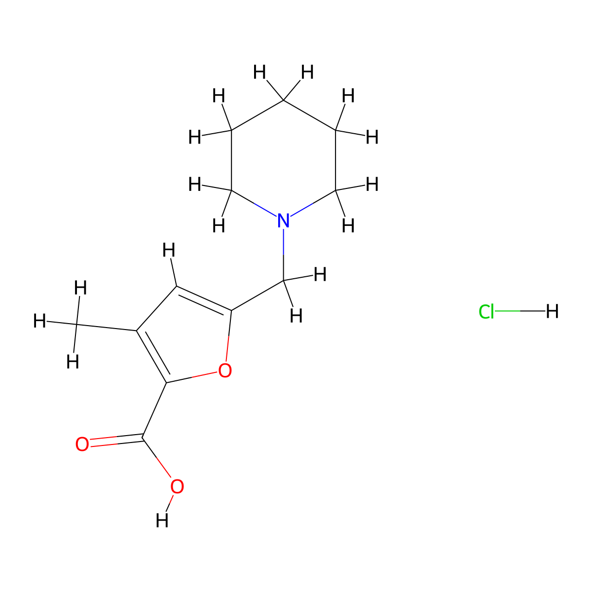 3-Methyl-5-(piperidin-1-ylmethyl)furan-2-carboxylic acid hydrochloride molecular structure, CAS 435345-25-8