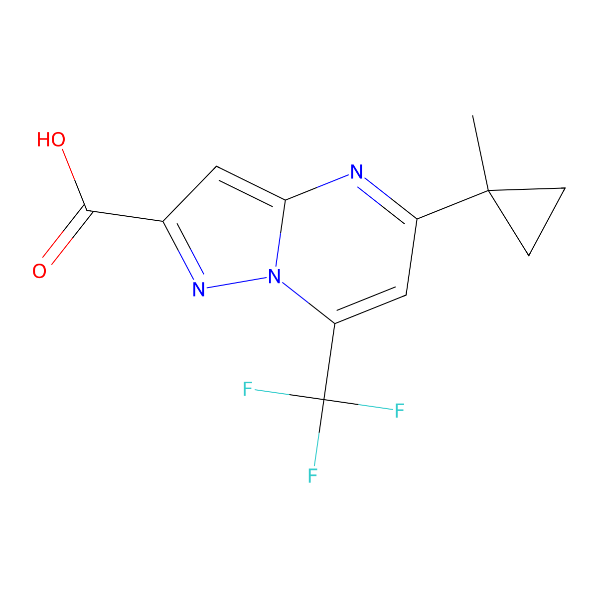 5-(1-Methylcyclopropyl)-7-(trifluoromethyl)pyrazolo[1,5-a]pyrimidine-2-carboxylic acid molecular structure, CAS 436088-38-9