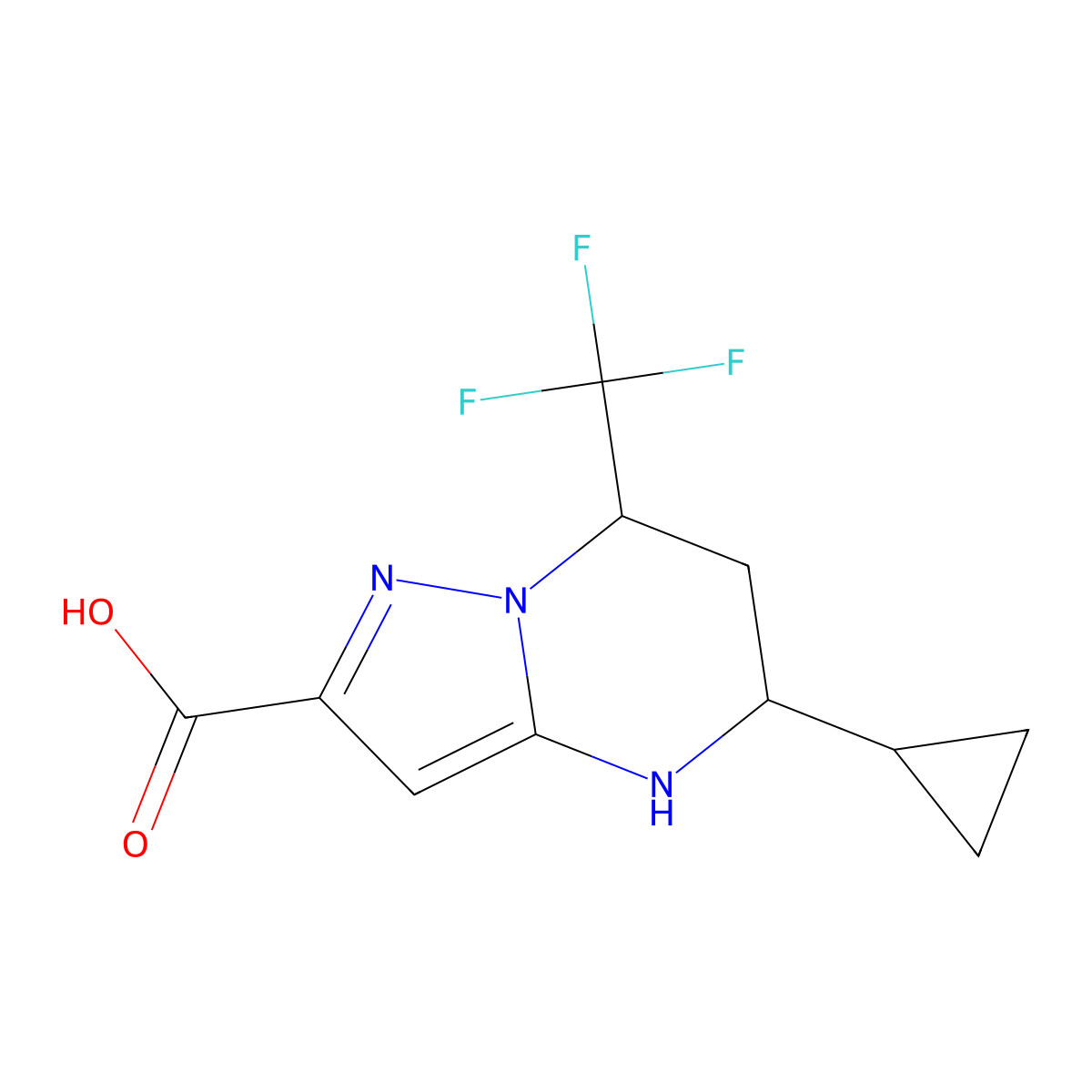 5-Cyclopropyl-4,5,6,7-tetrahydro-7-(trifluoromethyl)pyrazolo(1,5-a)pyrimidine-2-carboxylic acid molecular structure, CAS 436088-39-0