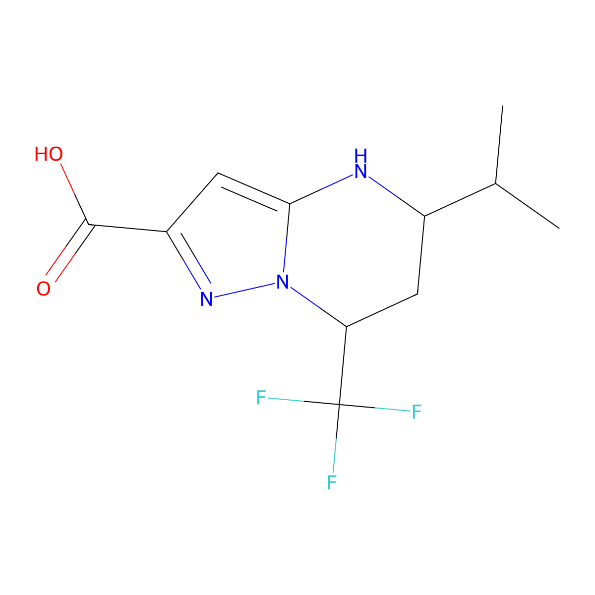 5-Isopropyl-7-trifluoromethyl-4,5,6,7-tetrahydro-pyrazolo[1,5-a]pyrimidine-2-carboxylic acid molecular structure, CAS 436088-40-3