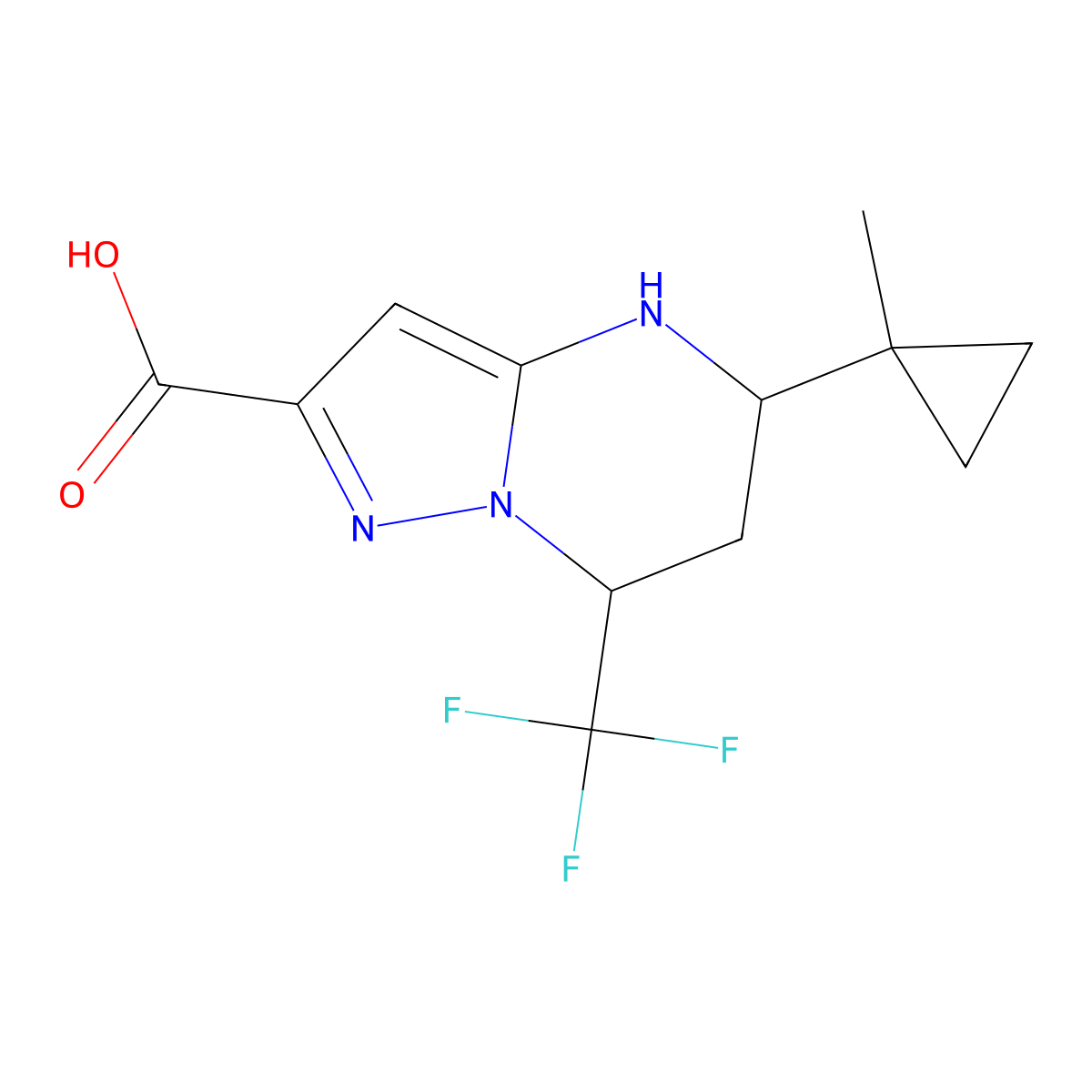 4,5,6,7-Tetrahydro-5-(1-methylcyclopropyl)-7-(trifluoromethyl)pyrazolo(1,5-a)pyrimidine-2-carboxylic acid molecular structure, CAS 436088-54-9