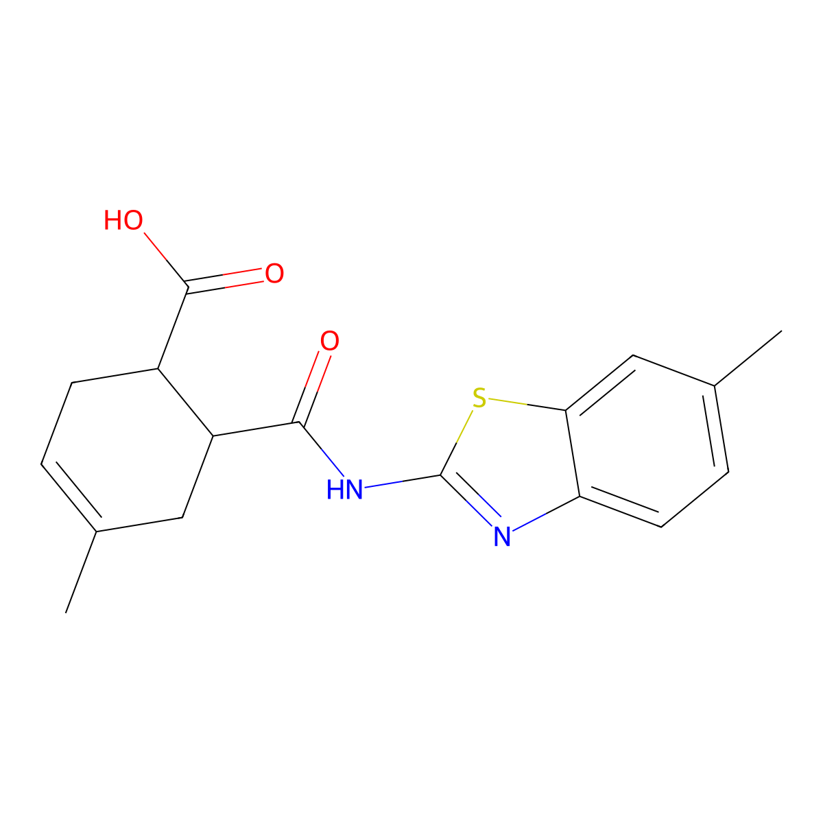 4-Methyl-6-(6-methyl-benzothiazol-2-ylcarbamoyl)-cyclohex-3-enecarboxylic acid molecular structure, CAS 436088-55-0