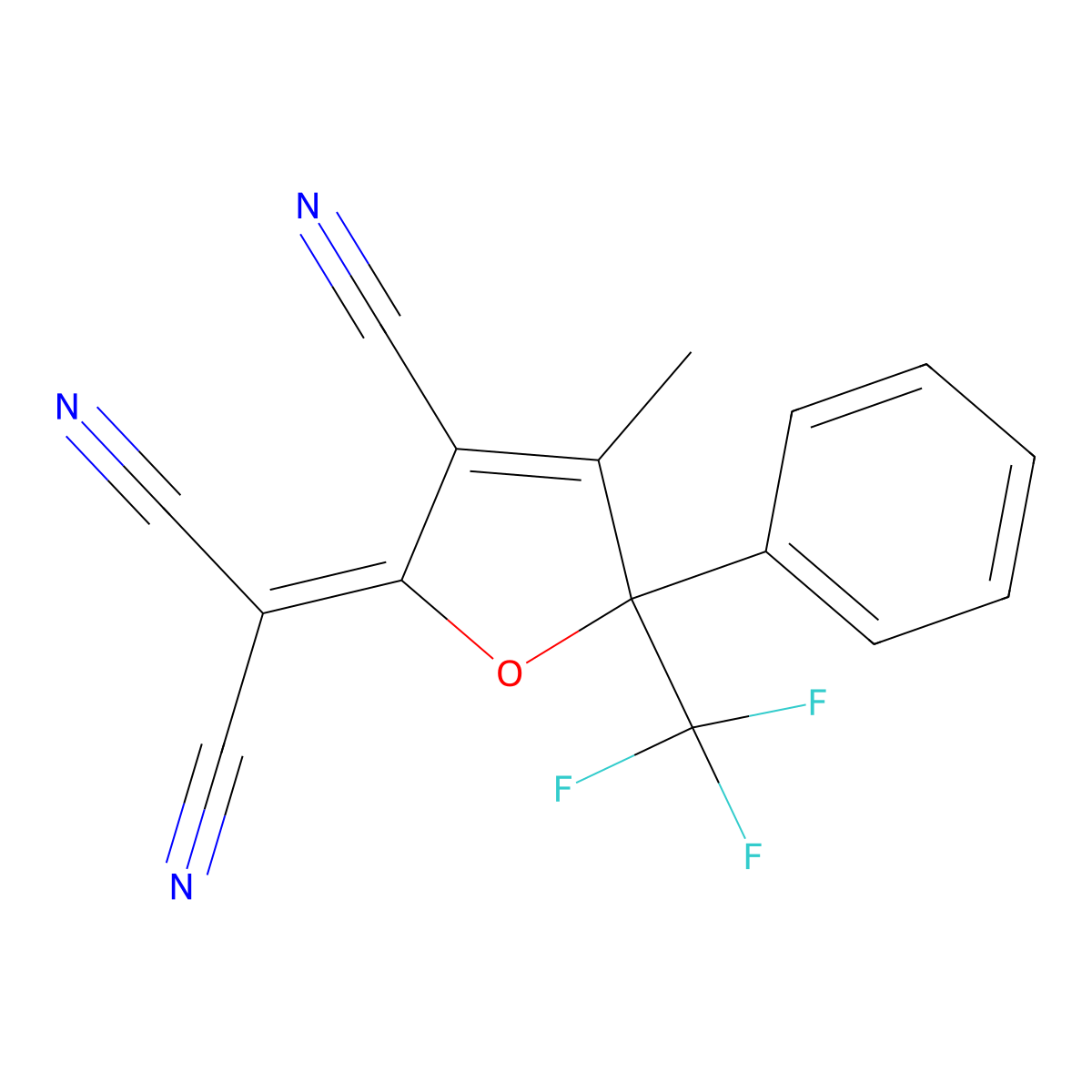 2-(3-Cyano-4-methyl-5-phenyl-5-(trifluoromethyl)furan-2(5H)-ylidene)malononitrile molecular structure, CAS 436097-14-2