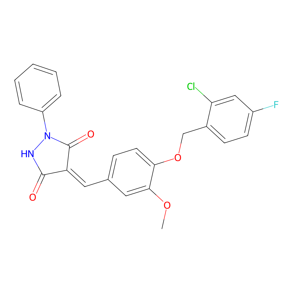 4-[[4-[(2-Chloro-4-fluorophenyl)methoxy]-3-methoxyphenyl]methylidene]-1-phenylpyrazolidine-3,5-dione molecular structure, CAS 4361-69-7
