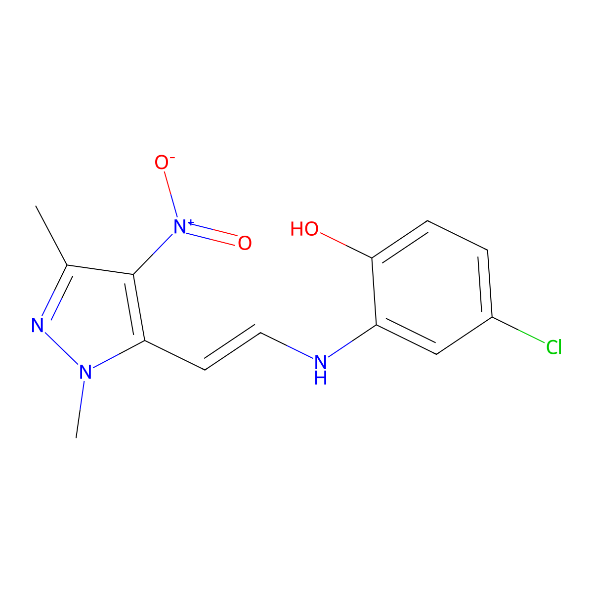 4-chloro-2-[[(E)-2-(2,5-dimethyl-4-nitropyrazol-3-yl)ethenyl]amino]phenol molecular structure, CAS 436100-80-0