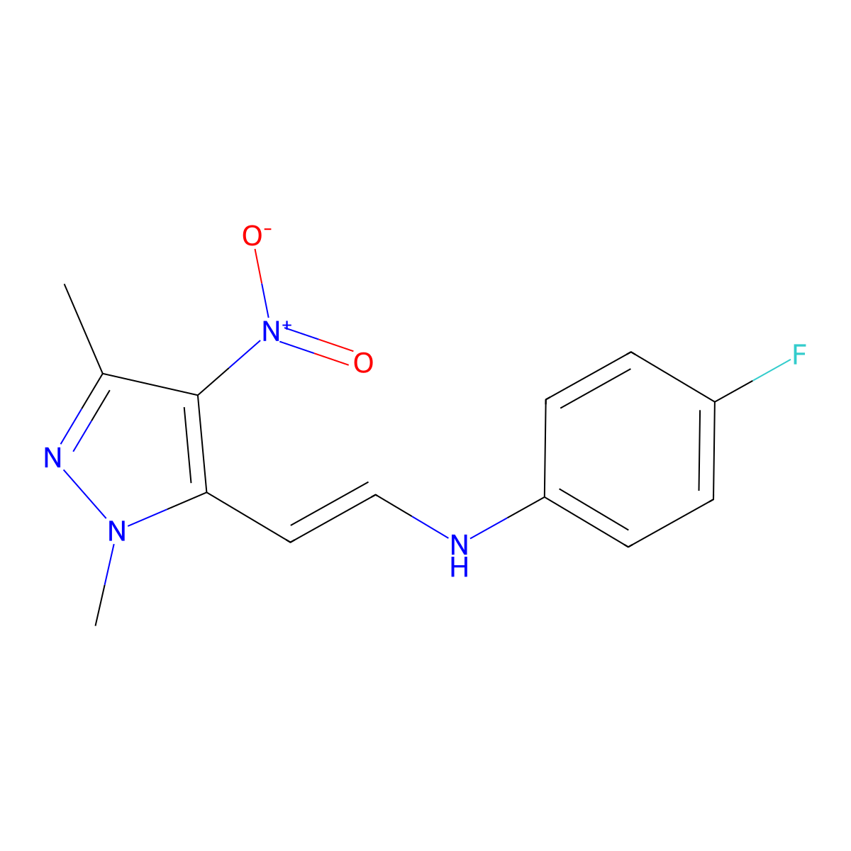N-[2-(1,3-dimethyl-4-nitro-1H-pyrazol-5-yl)vinyl]-4-fluoroaniline molecular structure, CAS 436100-81-1