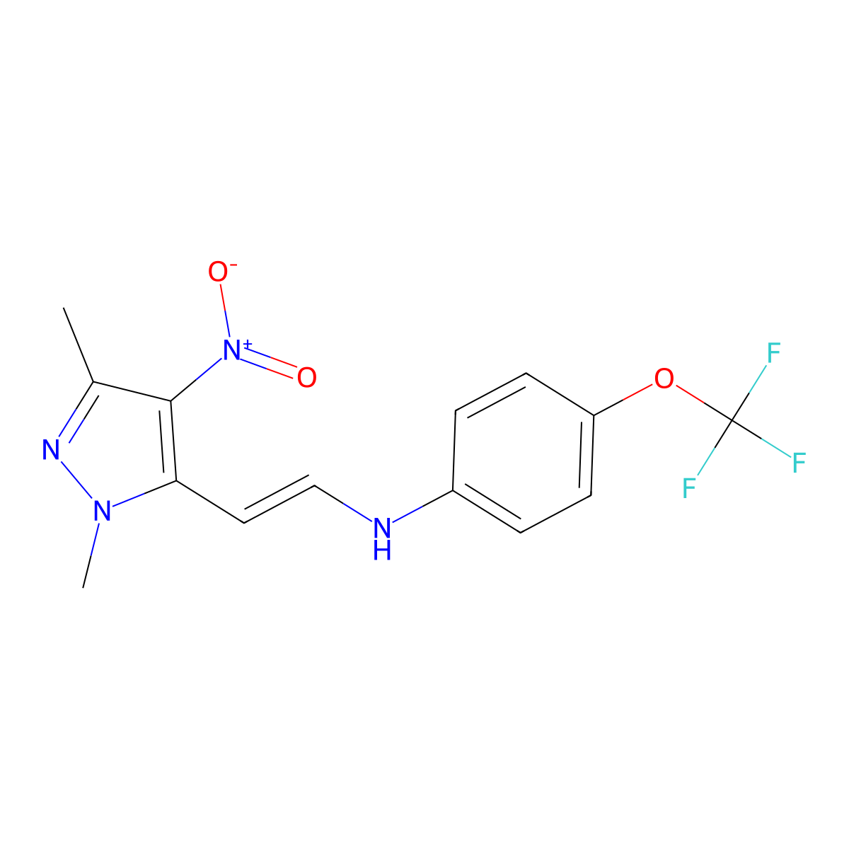 N-[(E)-2-(2,5-dimethyl-4-nitropyrazol-3-yl)ethenyl]-4-(trifluoromethoxy)aniline molecular structure, CAS 436100-82-2