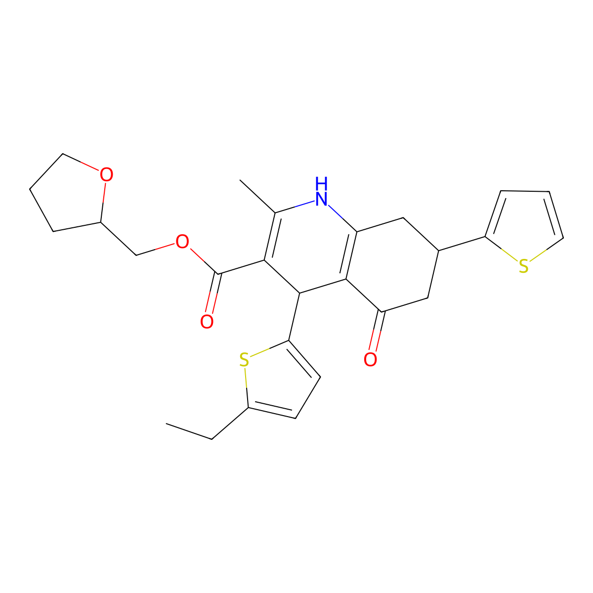 Tetrahydrofuran-2-ylmethyl 4-(5-ethylthiophen-2-yl)-2-methyl-5-oxo-7-(thiophen-2-yl)-1,4,5,6,7,8-hexahydroquinoline-3-carboxylate molecular structure, CAS 436813-02-4