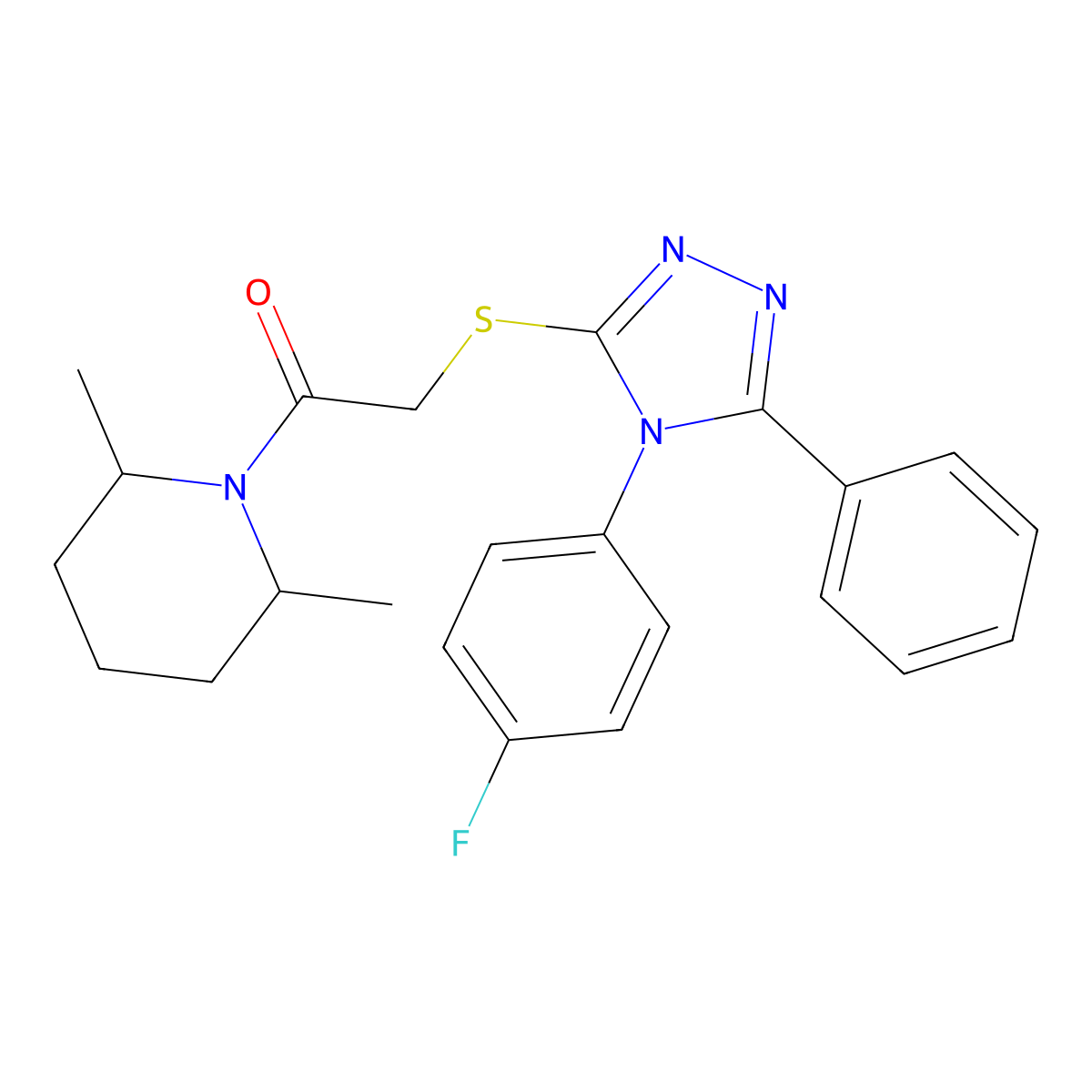 1-(2,6-Dimethylpiperidin-1-yl)-2-[[4-(4-fluorophenyl)-5-phenyl-1,2,4-triazol-3-yl]sulfanyl]ethanone molecular structure, CAS 436814-83-4