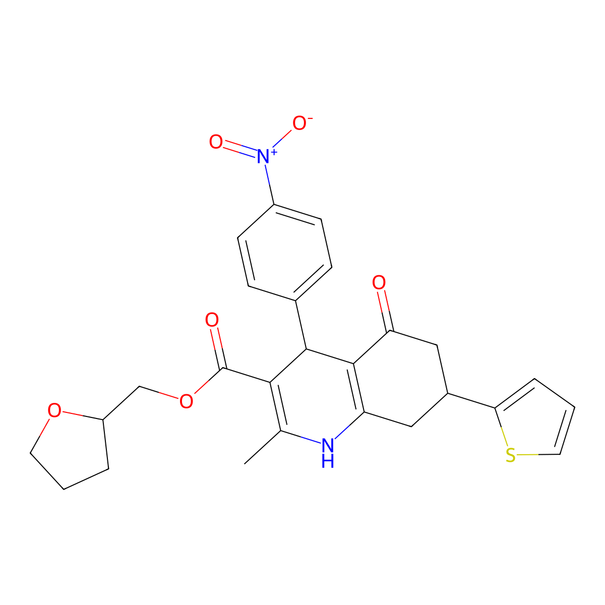 Tetrahydrofuran-2-ylmethyl 2-methyl-4-(4-nitrophenyl)-5-oxo-7-(thiophen-2-yl)-1,4,5,6,7,8-hexahydroquinoline-3-carboxylate molecular structure, CAS 436853-73-5