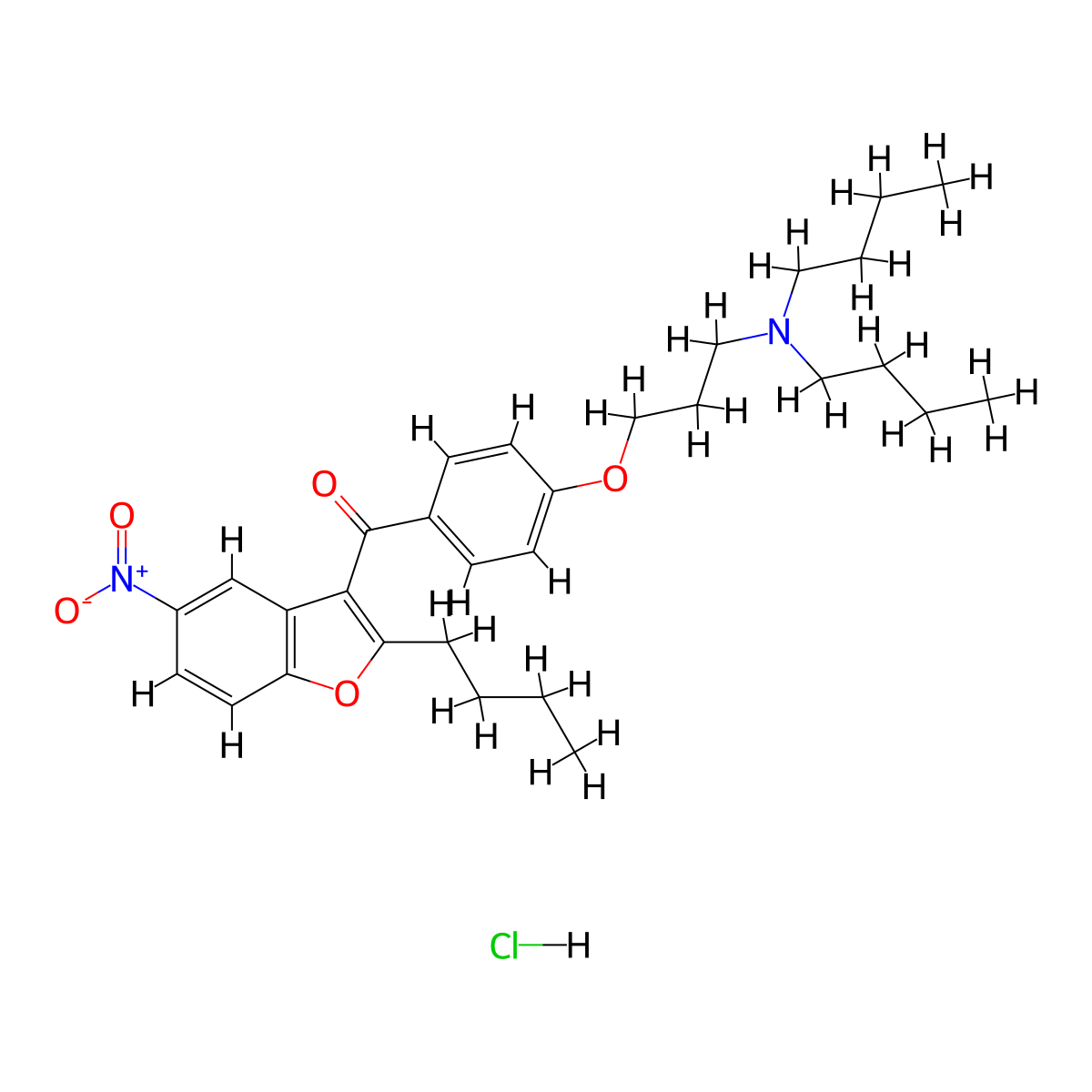 (2-Butyl-5-nitrobenzofuran-3-yl)(4-(3-(dibutylamino)propoxy)phenyl)methanone hydrochloride molecular structure, CAS 437651-47-3