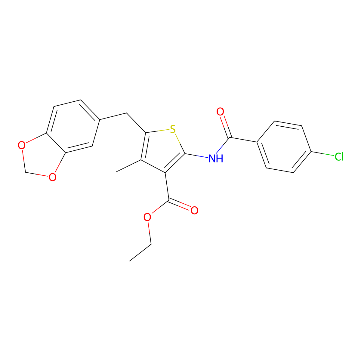 Ethyl 5-(1,3-benzodioxol-5-ylmethyl)-2-[(4-chlorobenzoyl)amino]-4-methylthiophene-3-carboxylate molecular structure, CAS 438022-63-0