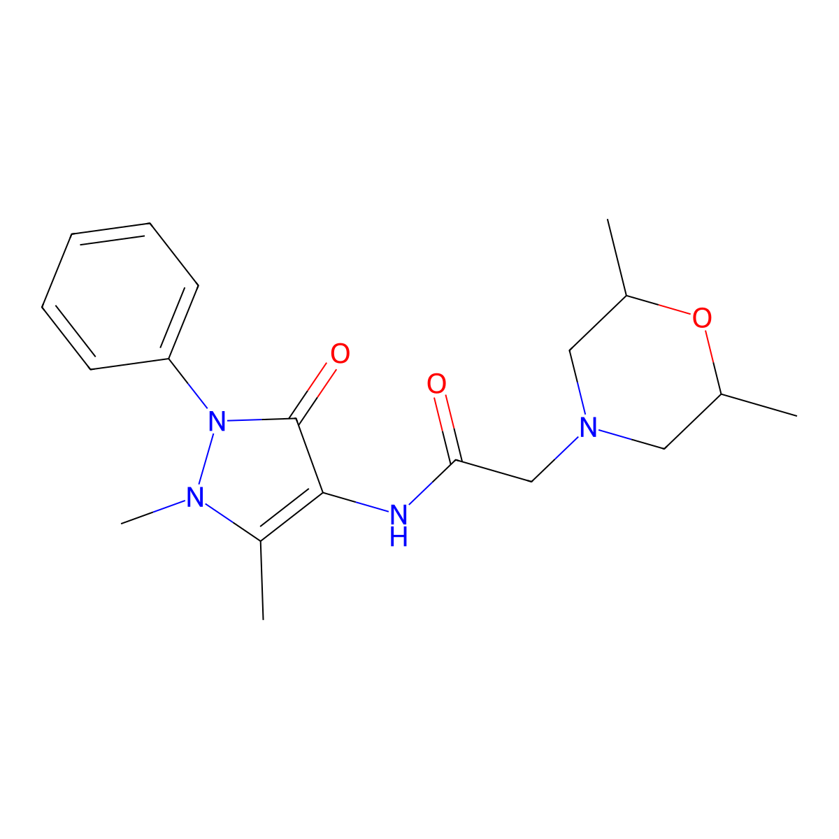 2-(2,6-dimethylmorpholin-4-yl)-N-(1,5-dimethyl-3-oxo-2-phenylpyrazol-4-yl)acetamide molecular structure, CAS 438025-13-9