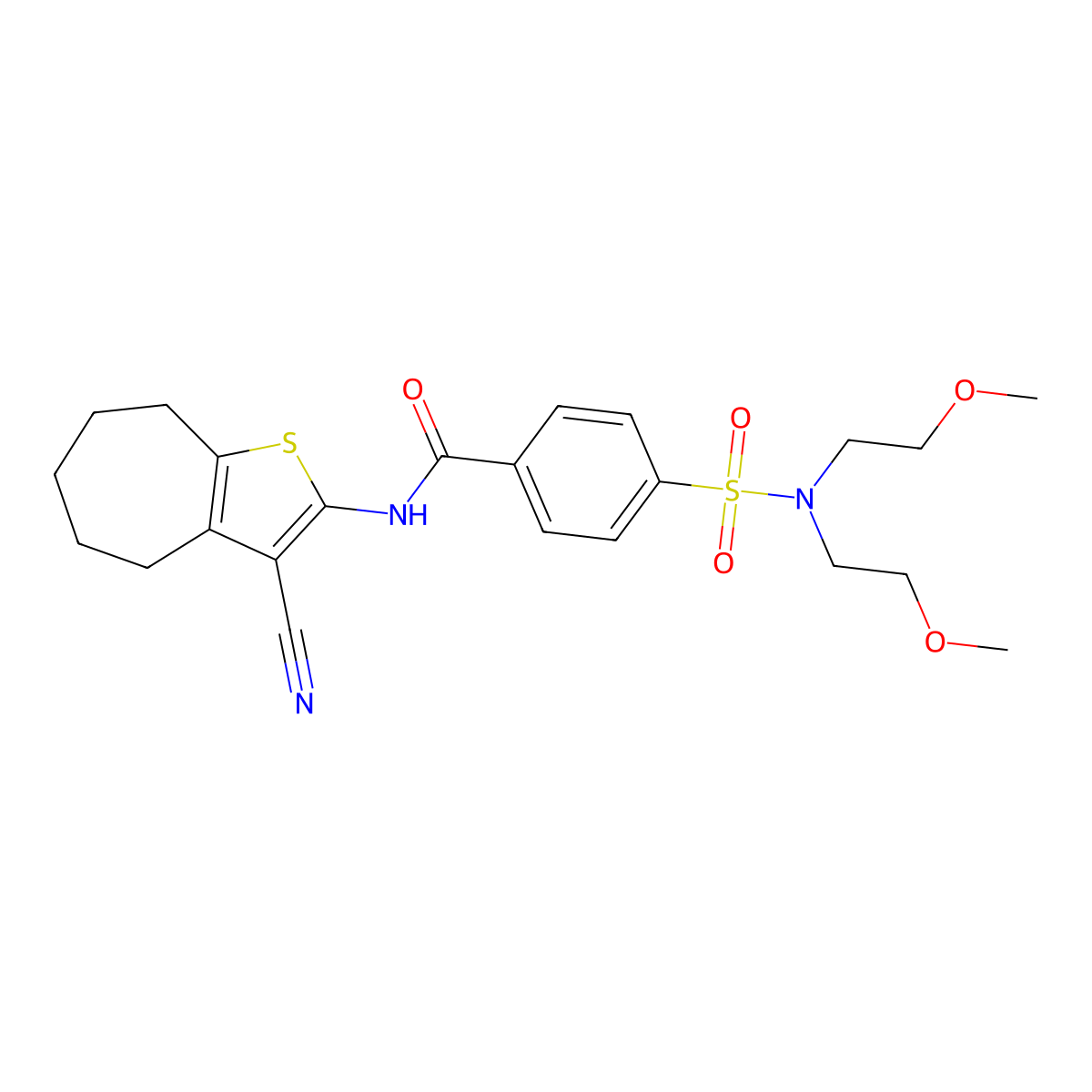 4-(N,N-bis(2-methoxyethyl)sulfamoyl)-N-(3-cyano-5,6,7,8-tetrahydro-4H-cyclohepta[b]thiophen-2-yl)benzamide molecular structure, CAS 438028-40-1