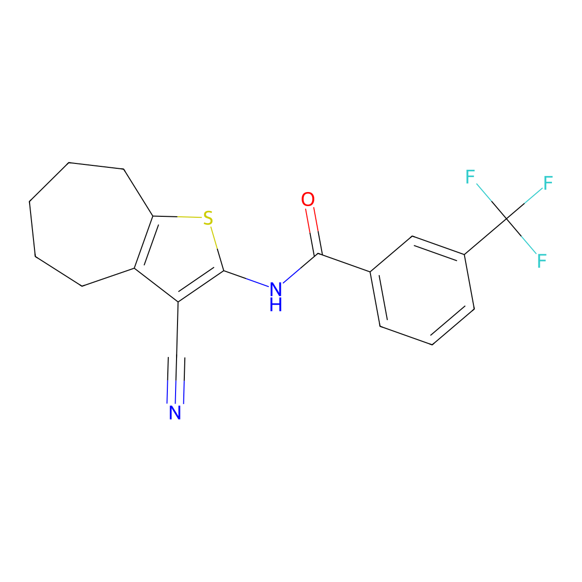 N-(3-cyano-5,6,7,8-tetrahydro-4H-cyclohepta[b]thiophen-2-yl)-3-(trifluoromethyl)benzamide molecular structure, CAS 438028-47-8