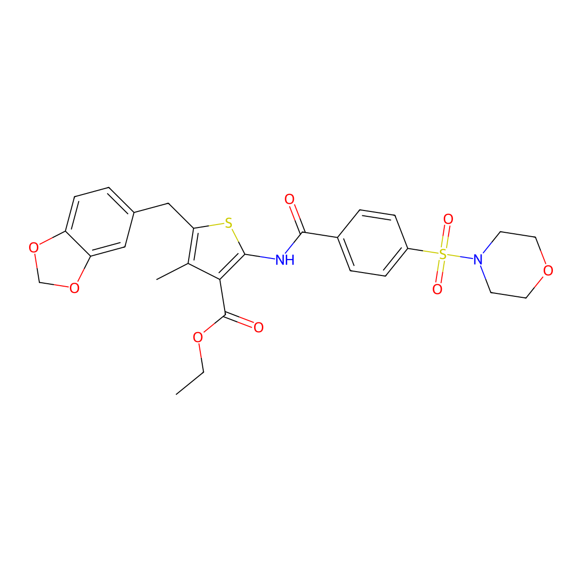 Ethyl 5-(benzo[d][1,3]dioxol-5-ylmethyl)-4-methyl-2-(4-(morpholinosulfonyl)benzamido)thiophene-3-carboxylate molecular structure, CAS 438029-16-4