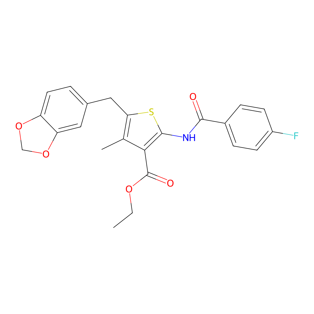 Ethyl 5-(benzo[d][1,3]dioxol-5-ylmethyl)-2-(4-fluorobenzamido)-4-methylthiophene-3-carboxylate molecular structure, CAS 438029-27-7