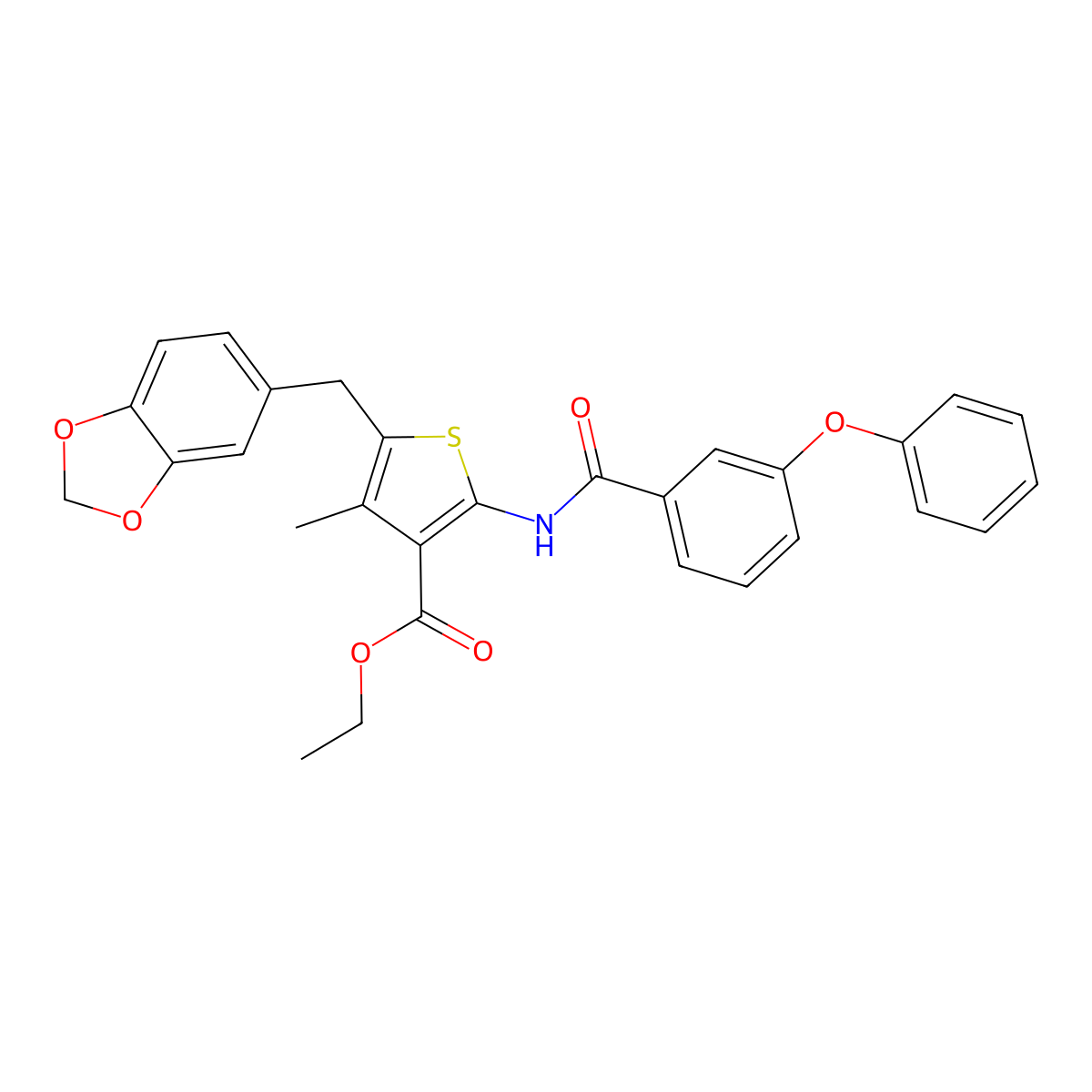 Ethyl 5-(benzo[d][1,3]dioxol-5-ylmethyl)-4-methyl-2-(3-phenoxybenzamido)thiophene-3-carboxylate molecular structure, CAS 438029-31-3
