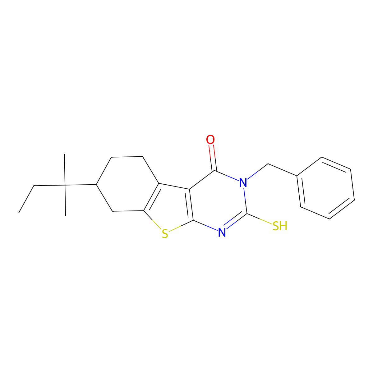 4-Benzyl-11-(2-methylbutan-2-yl)-5-sulfanyl-8-thia-4,6-diazatricyclo[7.4.0.0,2,7]trideca-1(9),2(7),5-trien-3-one molecular structure, CAS 438030-39-8