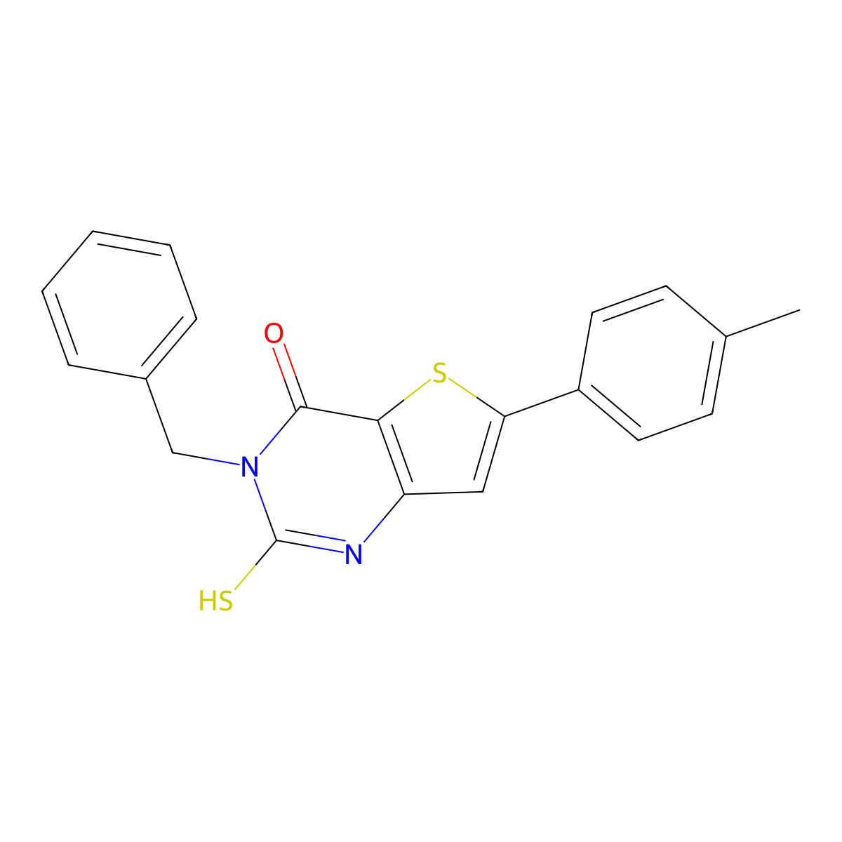 3-benzyl-6-(4-methylphenyl)-2-sulfanyl-3H,4H-thieno[3,2-d]pyrimidin-4-one molecular structure, CAS 438030-47-8