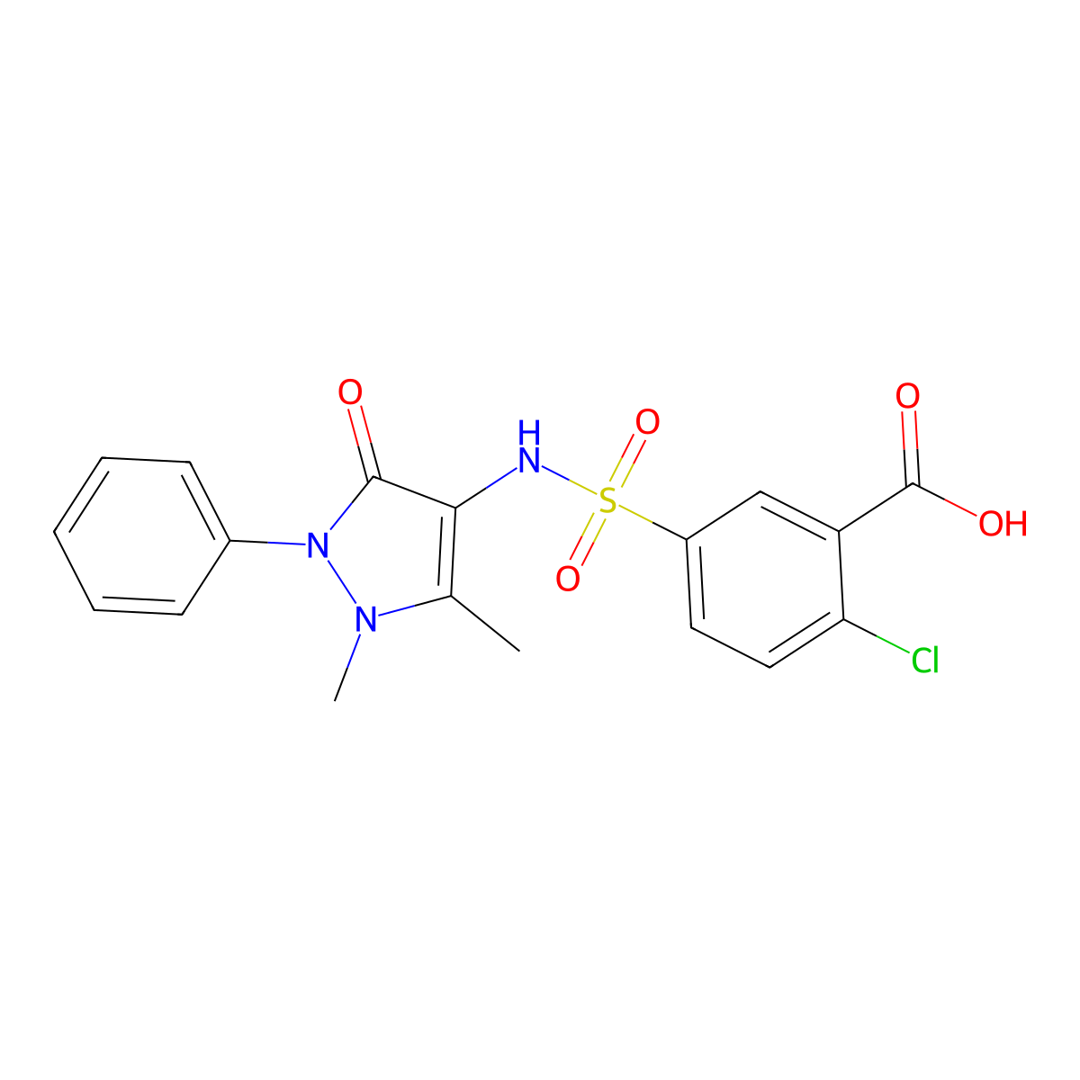 2-chloro-5-[(1,5-dimethyl-3-oxo-2-phenyl-2,3-dihydro-1H-pyrazol-4-yl)sulfamoyl]benzoic acid molecular structure, CAS 438031-01-7