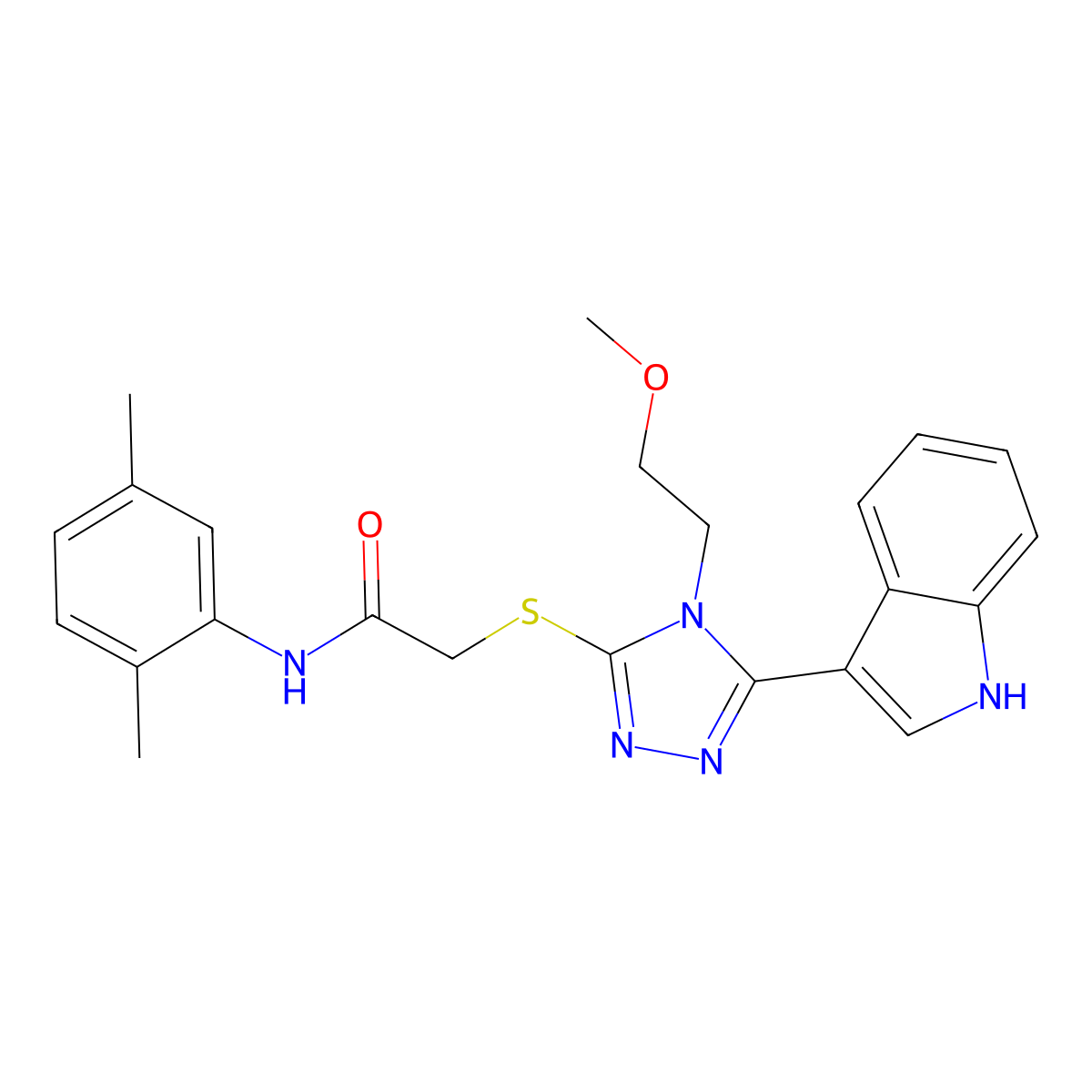 2-((5-(1H-indol-3-yl)-4-(2-methoxyethyl)-4H-1,2,4-triazol-3-yl)thio)-N-(2,5-dimethylphenyl)acetamide molecular structure, CAS 438031-09-5