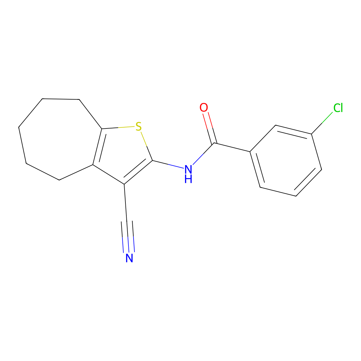 3-chloro-N-(3-cyano-5,6,7,8-tetrahydro-4H-cyclohepta[b]thiophen-2-yl)benzamide molecular structure, CAS 438034-90-3