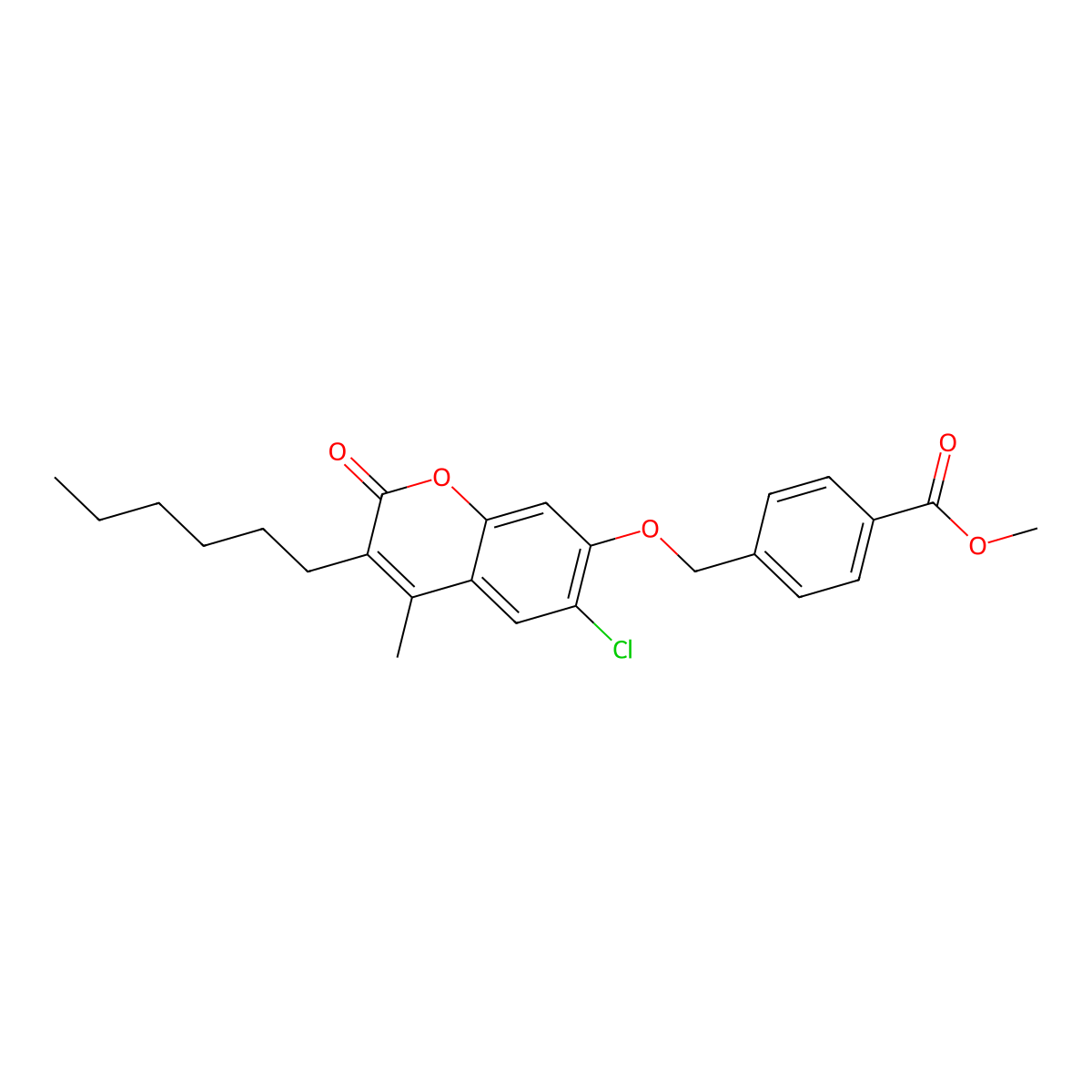 methyl 4-{[(6-chloro-3-hexyl-4-methyl-2-oxo-2H-chromen-7-yl)oxy]methyl}benzoate molecular structure, CAS 438036-10-3
