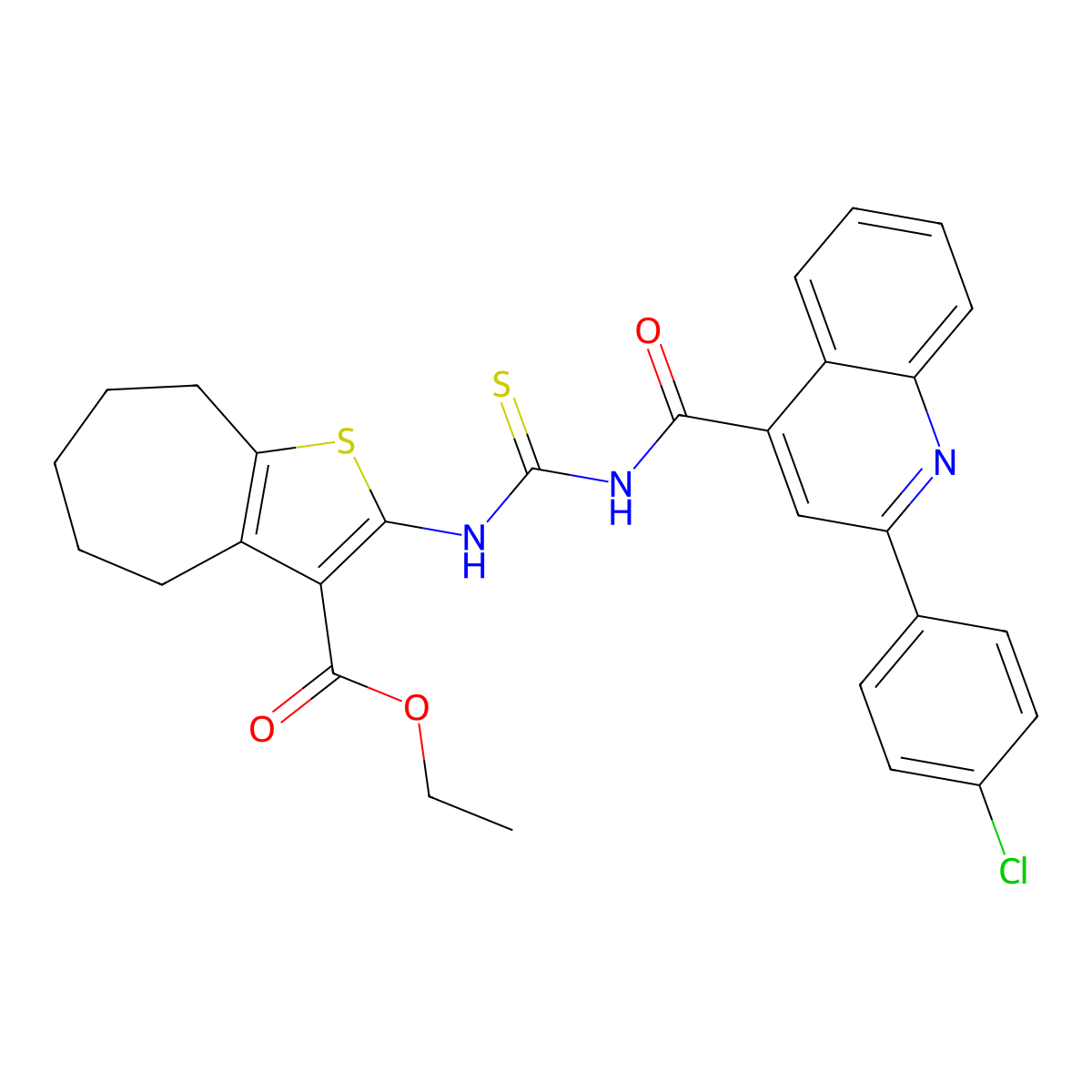 ethyl 2-[[2-(4-chlorophenyl)quinoline-4-carbonyl]carbamothioylamino]-5,6,7,8-tetrahydro-4H-cyclohepta[b]thiophene-3-carboxylate molecular structure, CAS 438194-59-3