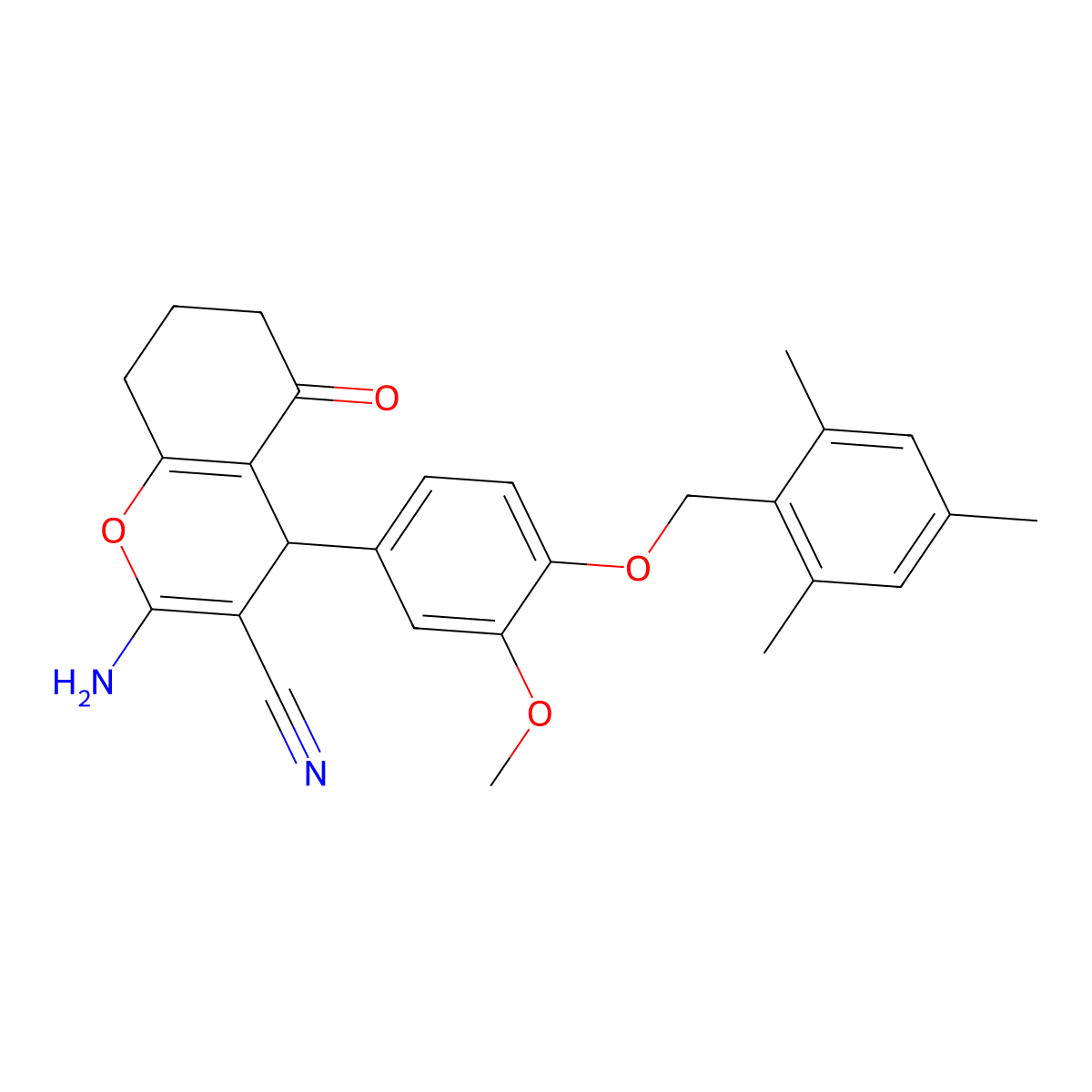 2-Amino-5,6,7,8-tetrahydro-4-[3-methoxy-4-[(2,4,6-trimethylphenyl)methoxy]phenyl]-5-oxo-4H-1-benzopyran-3-carbonitrile molecular structure, CAS 438194-63-9