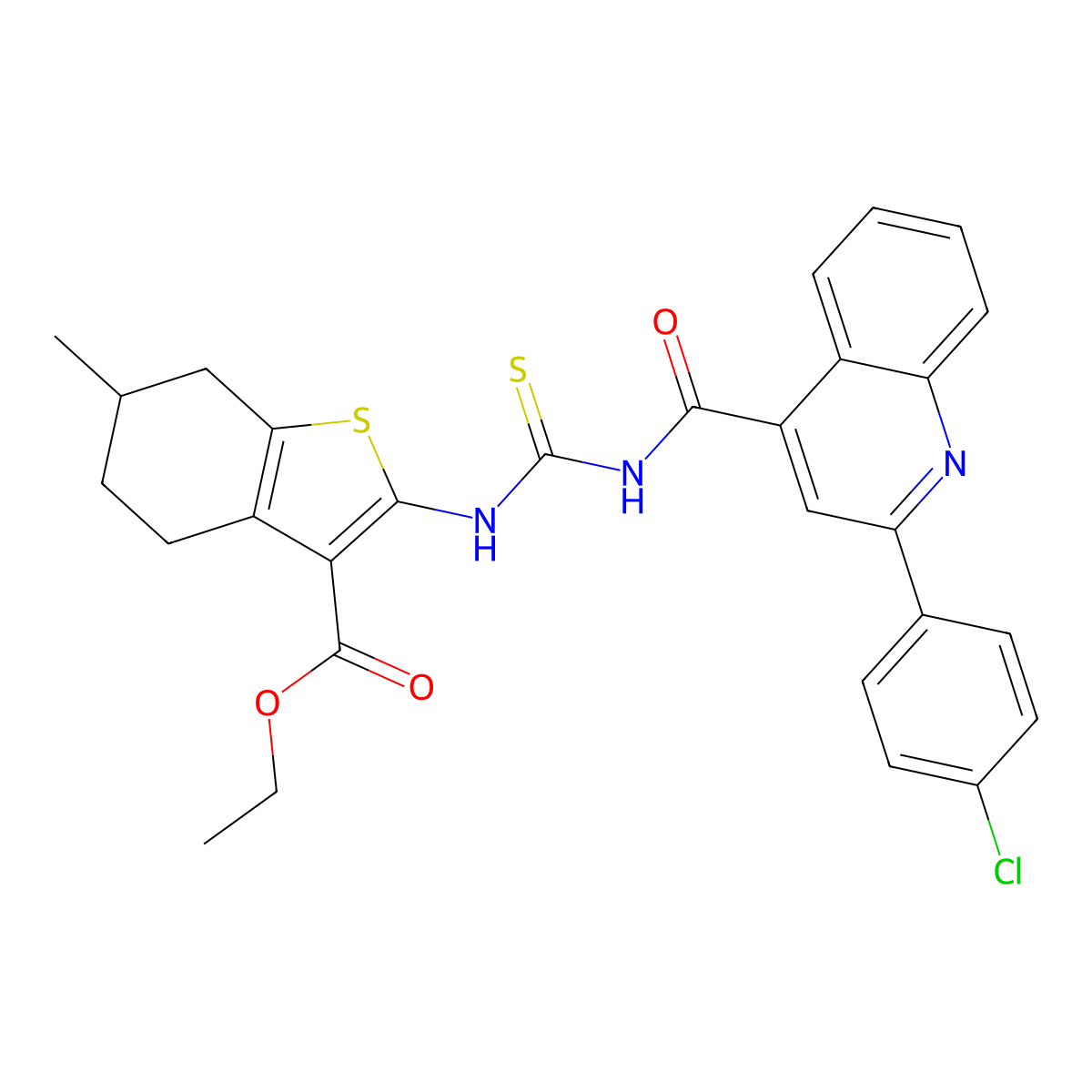 Ethyl 2-[[2-(4-chlorophenyl)quinoline-4-carbonyl]carbamothioylamino]-6-methyl-4,5,6,7-tetrahydro-1-benzothiophene-3-carboxylate molecular structure, CAS 438194-65-1