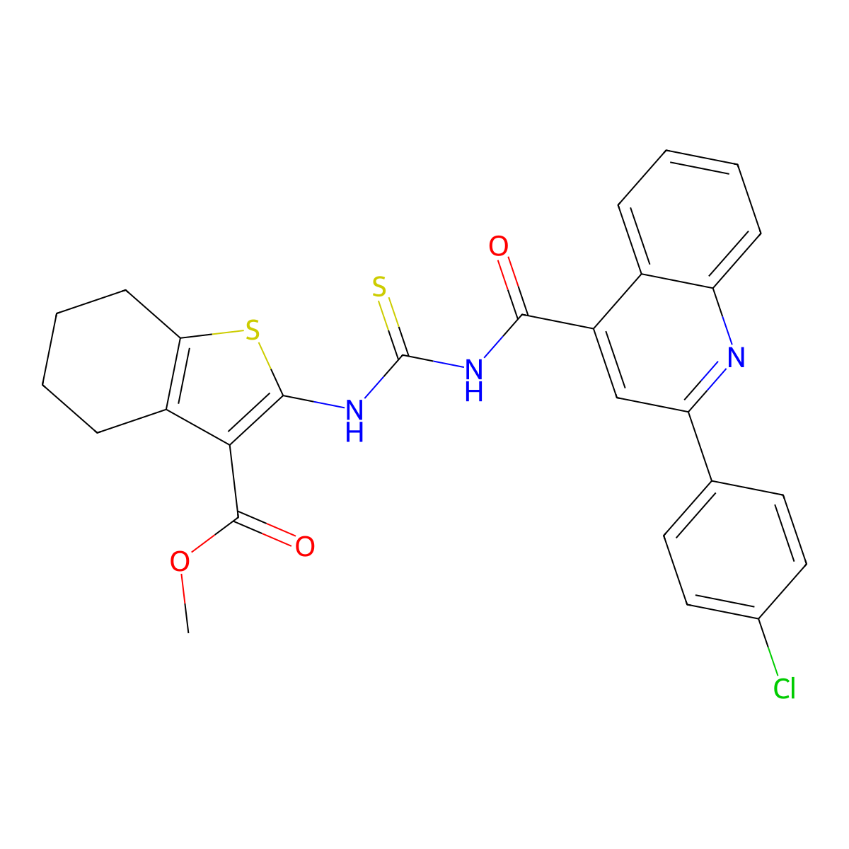 Methyl 2-[[2-(4-chlorophenyl)quinoline-4-carbonyl]carbamothioylamino]-4,5,6,7-tetrahydro-1-benzothiophene-3-carboxylate molecular structure, CAS 438194-69-5