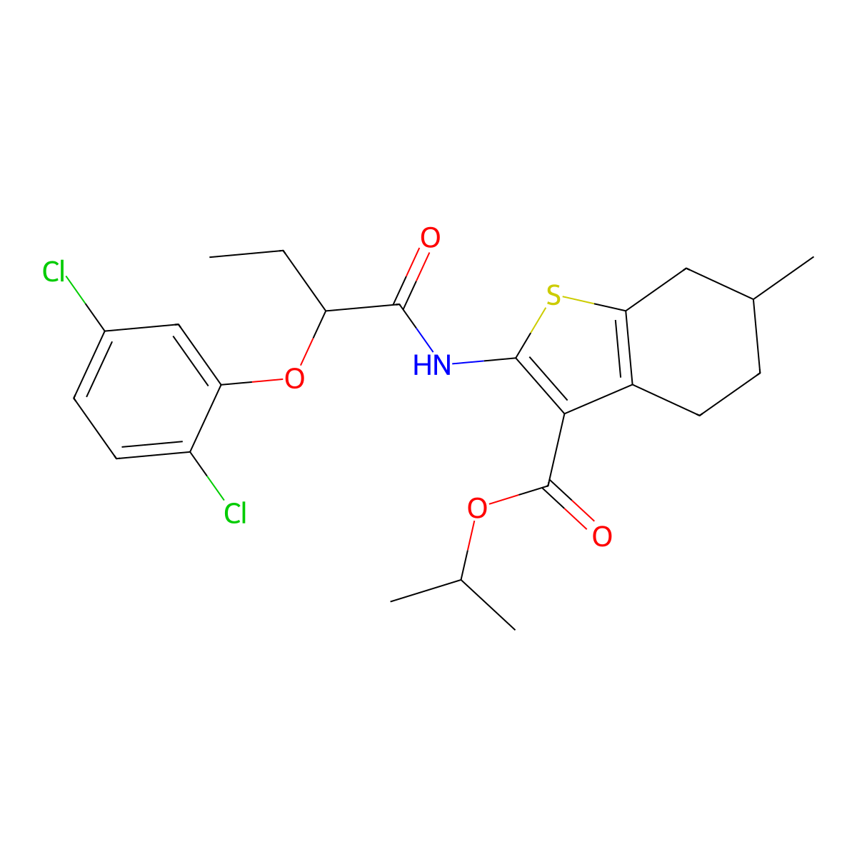 Isopropyl 2-{[2-(2,5-dichlorophenoxy)butanoyl]amino}-6-methyl-4,5,6,7-tetrahydro-1-benzothiophene-3-carboxylate molecular structure, CAS 438194-80-0