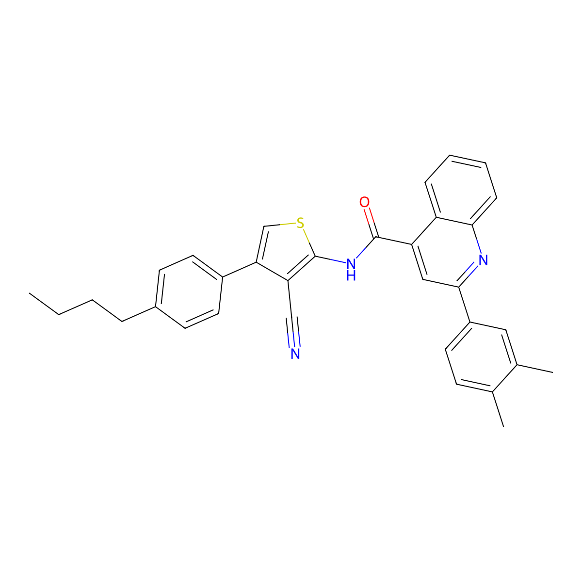 N-[4-(4-butylphenyl)-3-cyanothiophen-2-yl]-2-(3,4-dimethylphenyl)quinoline-4-carboxamide molecular structure, CAS 438194-87-7