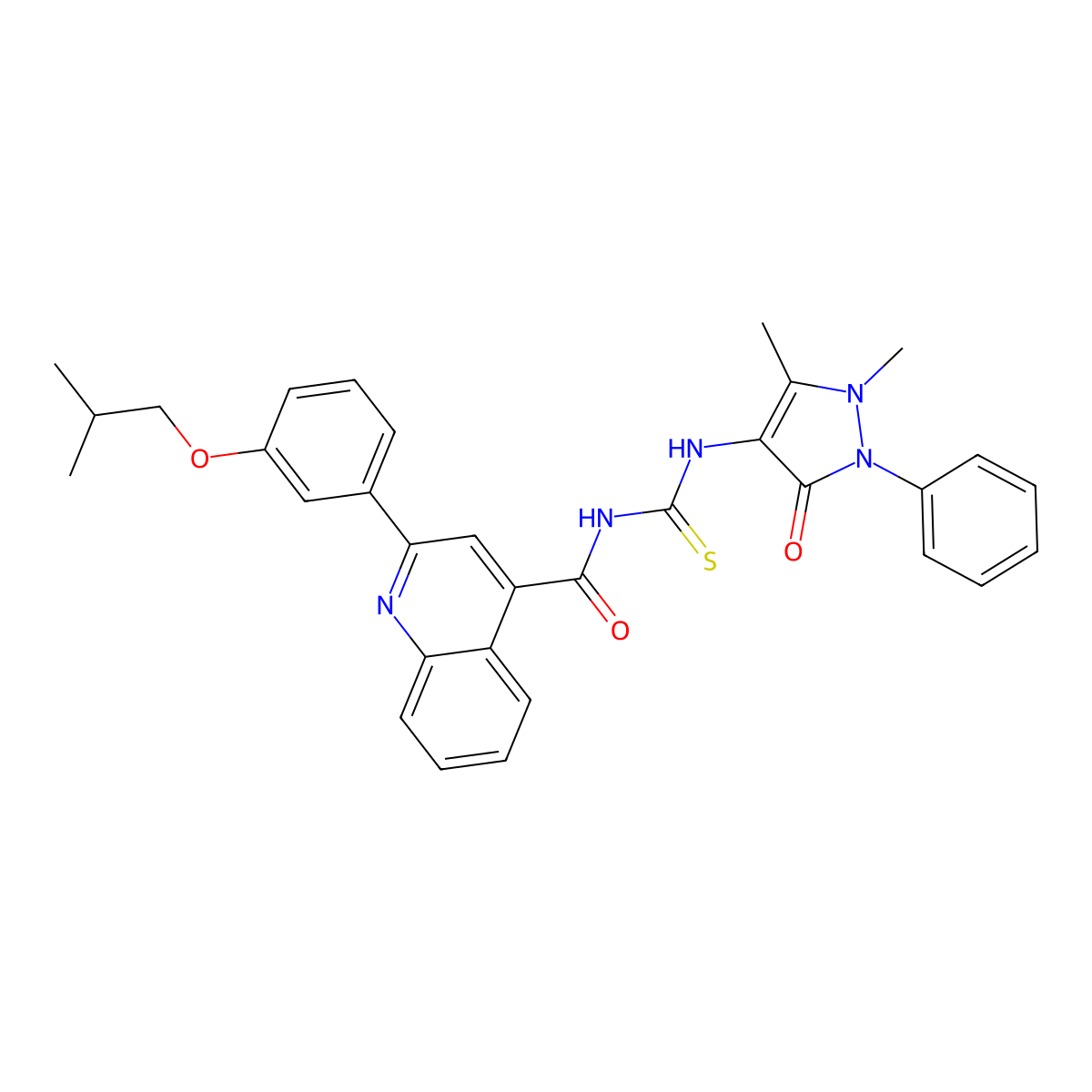 N-[(1,5-dimethyl-3-oxo-2-phenylpyrazol-4-yl)carbamothioyl]-2-[3-(2-methylpropoxy)phenyl]quinoline-4-carboxamide molecular structure, CAS 438194-96-8