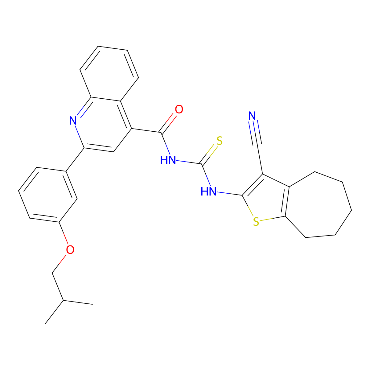 N-[(3-cyano-5,6,7,8-tetrahydro-4H-cyclohepta[b]thiophen-2-yl)carbamothioyl]-2-[3-(2-methylpropoxy)phenyl]quinoline-4-carboxamide molecular structure, CAS 438195-23-4