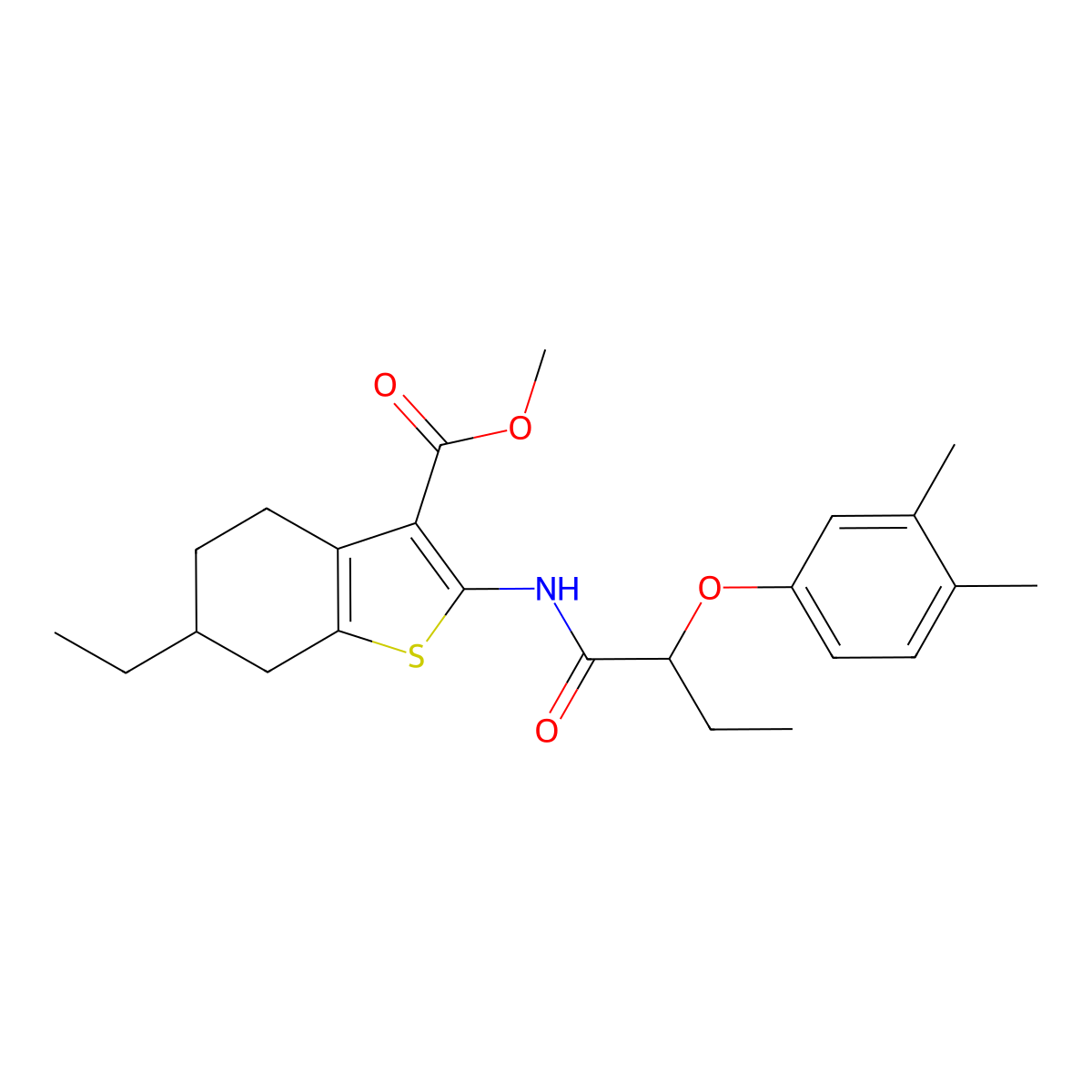 Methyl 2-{[2-(3,4-dimethylphenoxy)butanoyl]amino}-6-ethyl-4,5,6,7-tetrahydro-1-benzothiophene-3-carboxylate molecular structure, CAS 438195-37-0