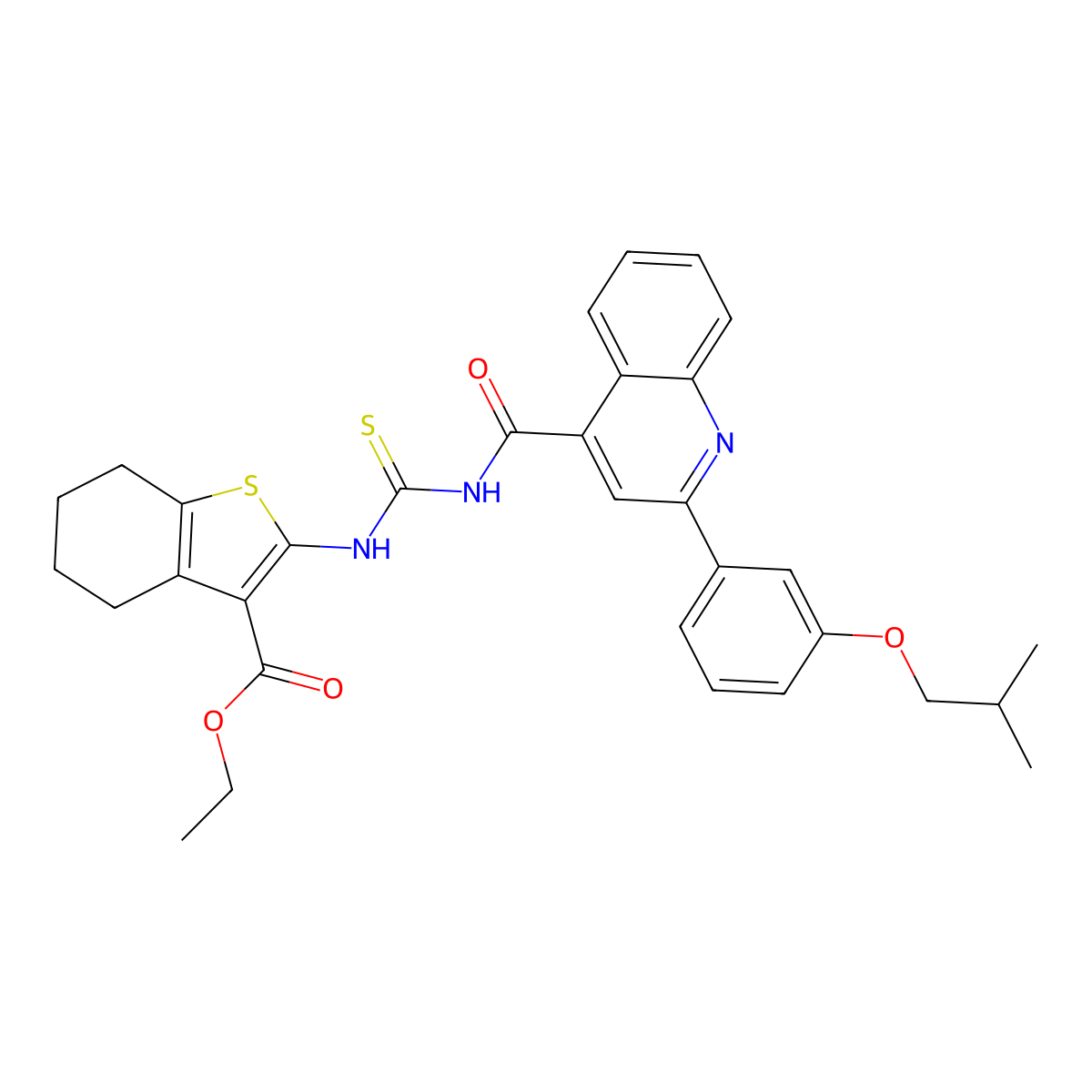 Ethyl 2-[[2-[3-(2-methylpropoxy)phenyl]quinoline-4-carbonyl]carbamothioylamino]-4,5,6,7-tetrahydro-1-benzothiophene-3-carboxylate molecular structure, CAS 438195-48-3