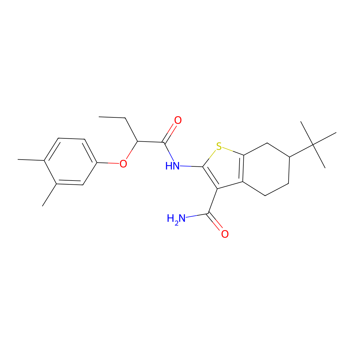6-Tert-butyl-2-{[2-(3,4-dimethylphenoxy)butanoyl]amino}-4,5,6,7-tetrahydro-1-benzothiophene-3-carboxamide molecular structure, CAS 438195-49-4