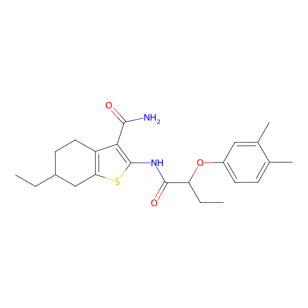 2-{[2-(3,4-Dimethylphenoxy)butanoyl]amino}-6-ethyl-4,5,6,7-tetrahydro-1-benzothiophene-3-carboxamide molecular structure, CAS 438195-56-3