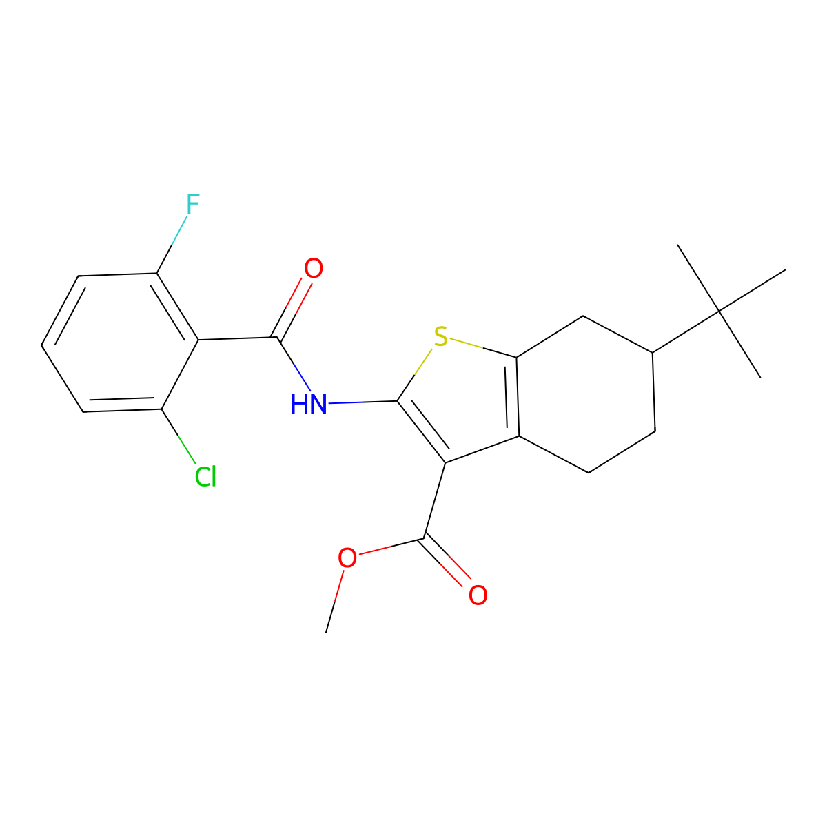 Methyl 6-tert-butyl-2-[(2-chloro-6-fluorobenzoyl)amino]-4,5,6,7-tetrahydro-1-benzothiophene-3-carboxylate molecular structure, CAS 438195-57-4