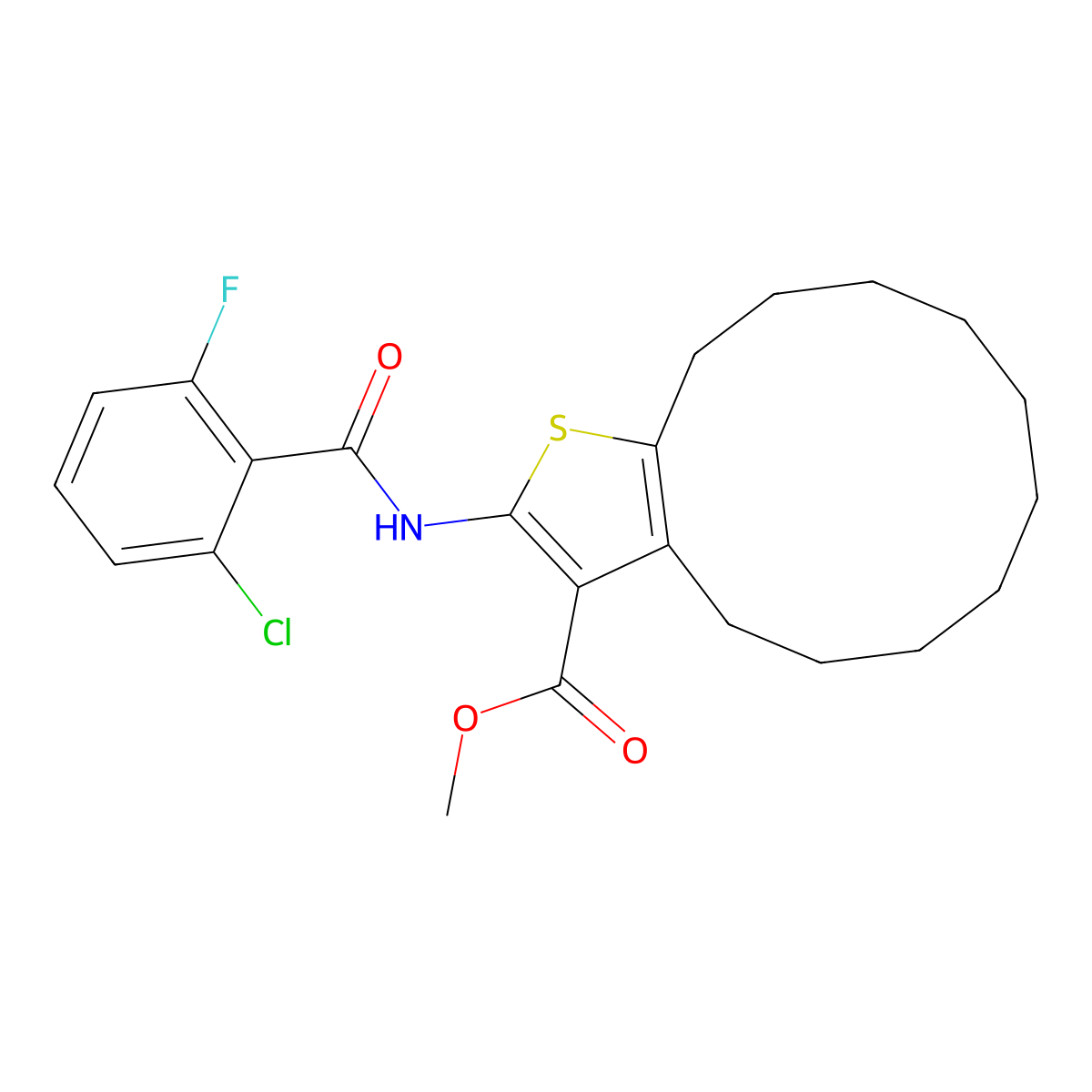 Methyl 2-[(2-chloro-6-fluorobenzoyl)amino]-4,5,6,7,8,9,10,11,12,13-decahydrocyclododeca[b]thiophene-3-carboxylate molecular structure, CAS 438195-69-8