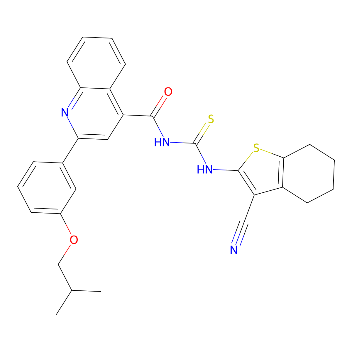 N-[(3-cyano-4,5,6,7-tetrahydro-1-benzothiophen-2-yl)carbamothioyl]-2-[3-(2-methylpropoxy)phenyl]quinoline-4-carboxamide molecular structure, CAS 438195-78-9