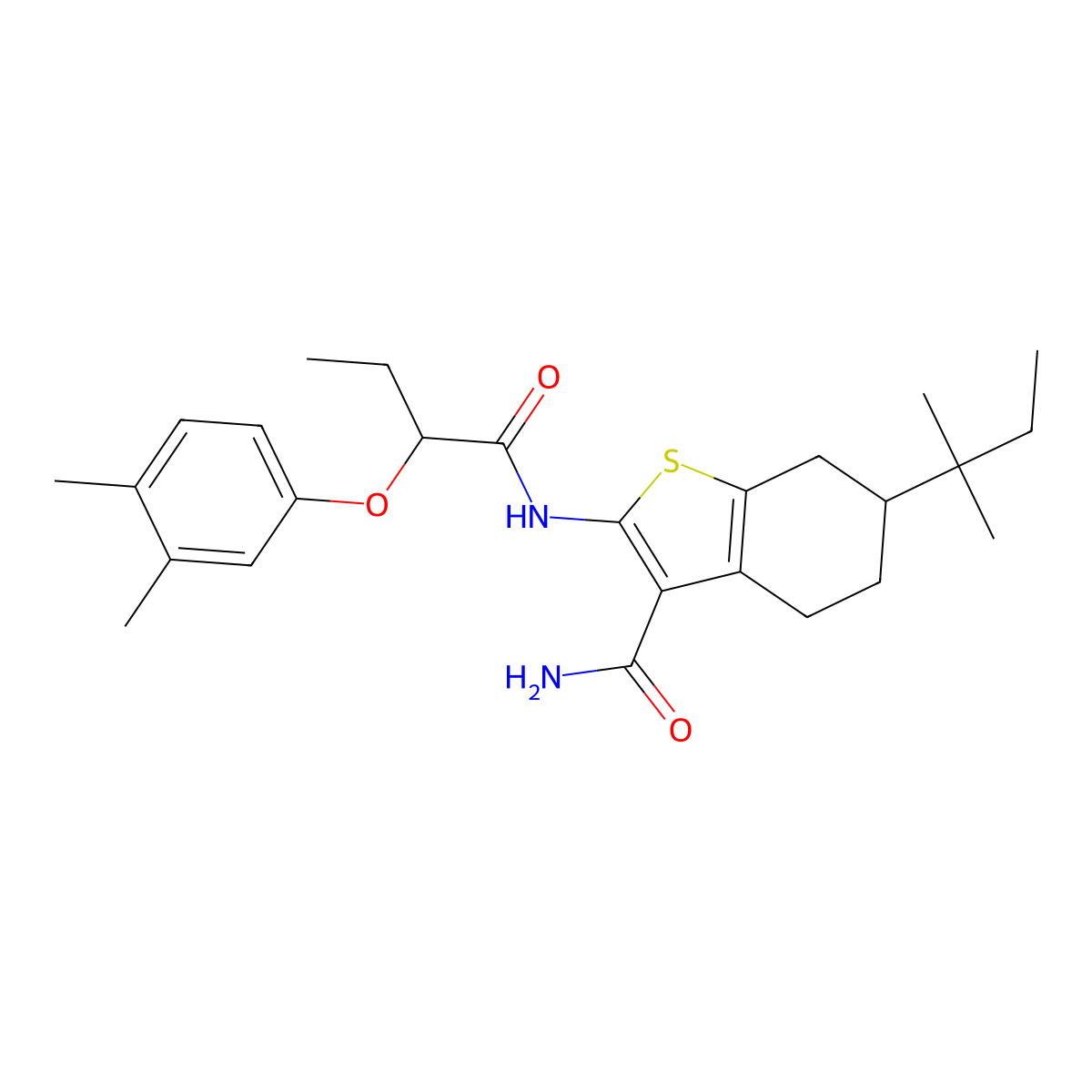 2-[2-(3,4-Dimethylphenoxy)butanoylamino]-6-(2-methylbutan-2-yl)-4,5,6,7-tetrahydro-1-benzothiophene-3-carboxamide molecular structure, CAS 438195-92-7