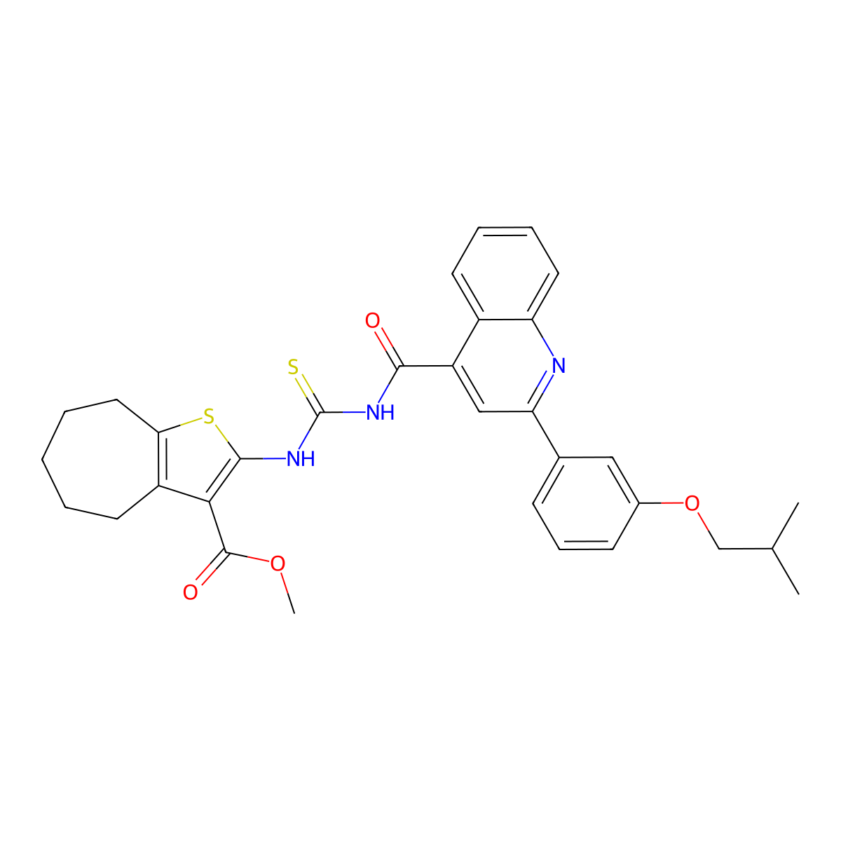 methyl 2-[[2-[3-(2-methylpropoxy)phenyl]quinoline-4-carbonyl]carbamothioylamino]-5,6,7,8-tetrahydro-4H-cyclohepta[b]thiophene-3-carboxylate molecular structure, CAS 438196-11-3