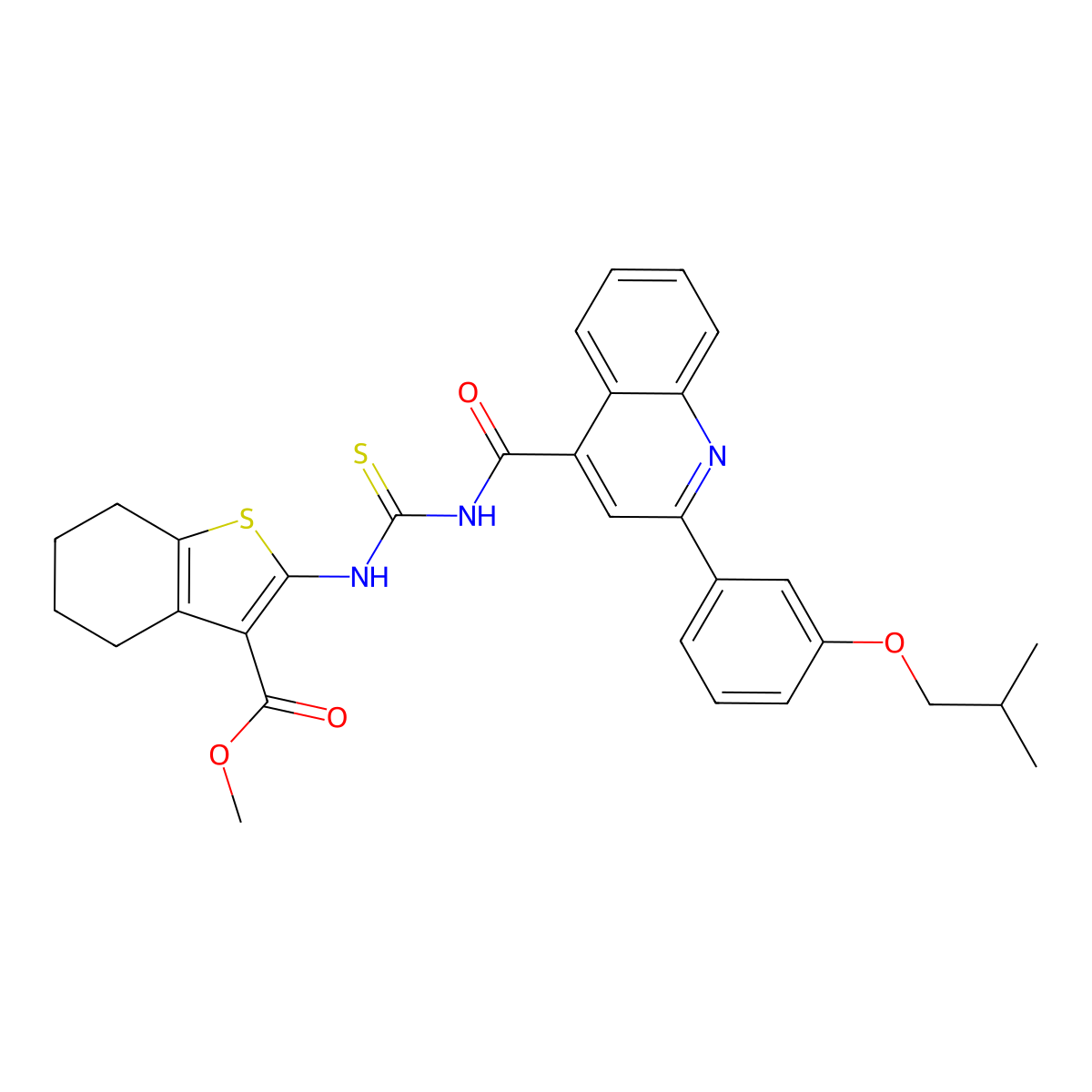 Methyl 2-[[2-[3-(2-methylpropoxy)phenyl]quinoline-4-carbonyl]carbamothioylamino]-4,5,6,7-tetrahydro-1-benzothiophene-3-carboxylate molecular structure, CAS 438196-22-6