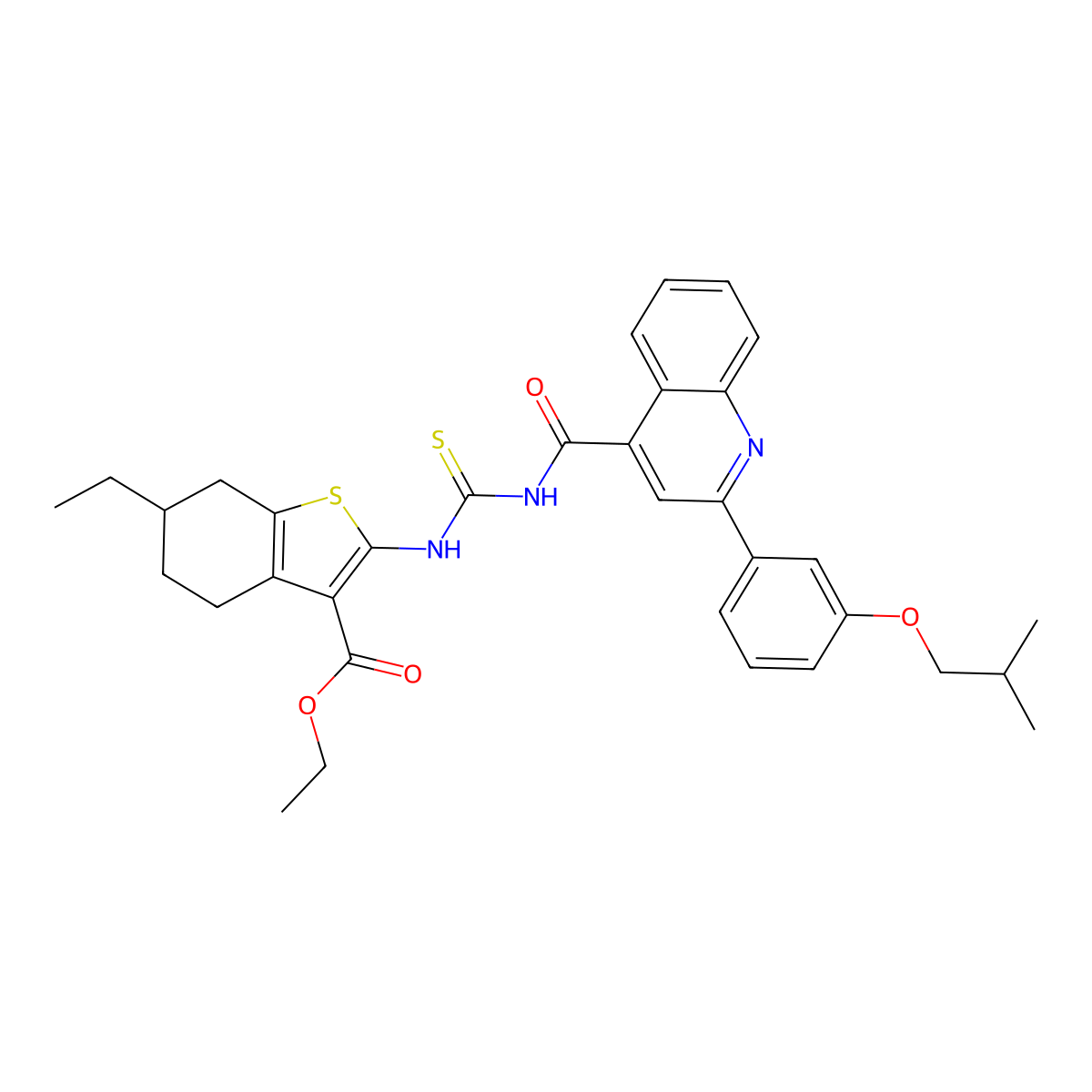Ethyl 6-ethyl-2-[[2-[3-(2-methylpropoxy)phenyl]quinoline-4-carbonyl]carbamothioylamino]-4,5,6,7-tetrahydro-1-benzothiophene-3-carboxylate molecular structure, CAS 438196-41-9